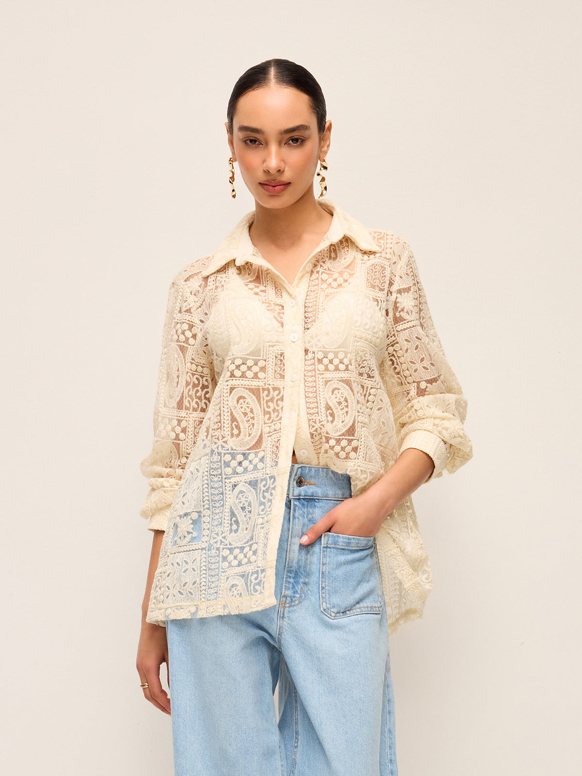 Uzun Kollu Dantel Polo Yaka Pamuk Karışımlı Gömlek