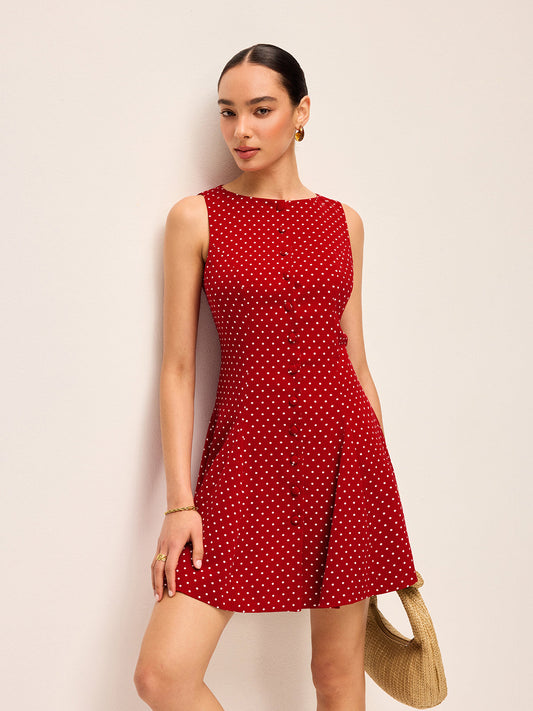Polka Noktalı Kolsuz Bağcıklı Elbise