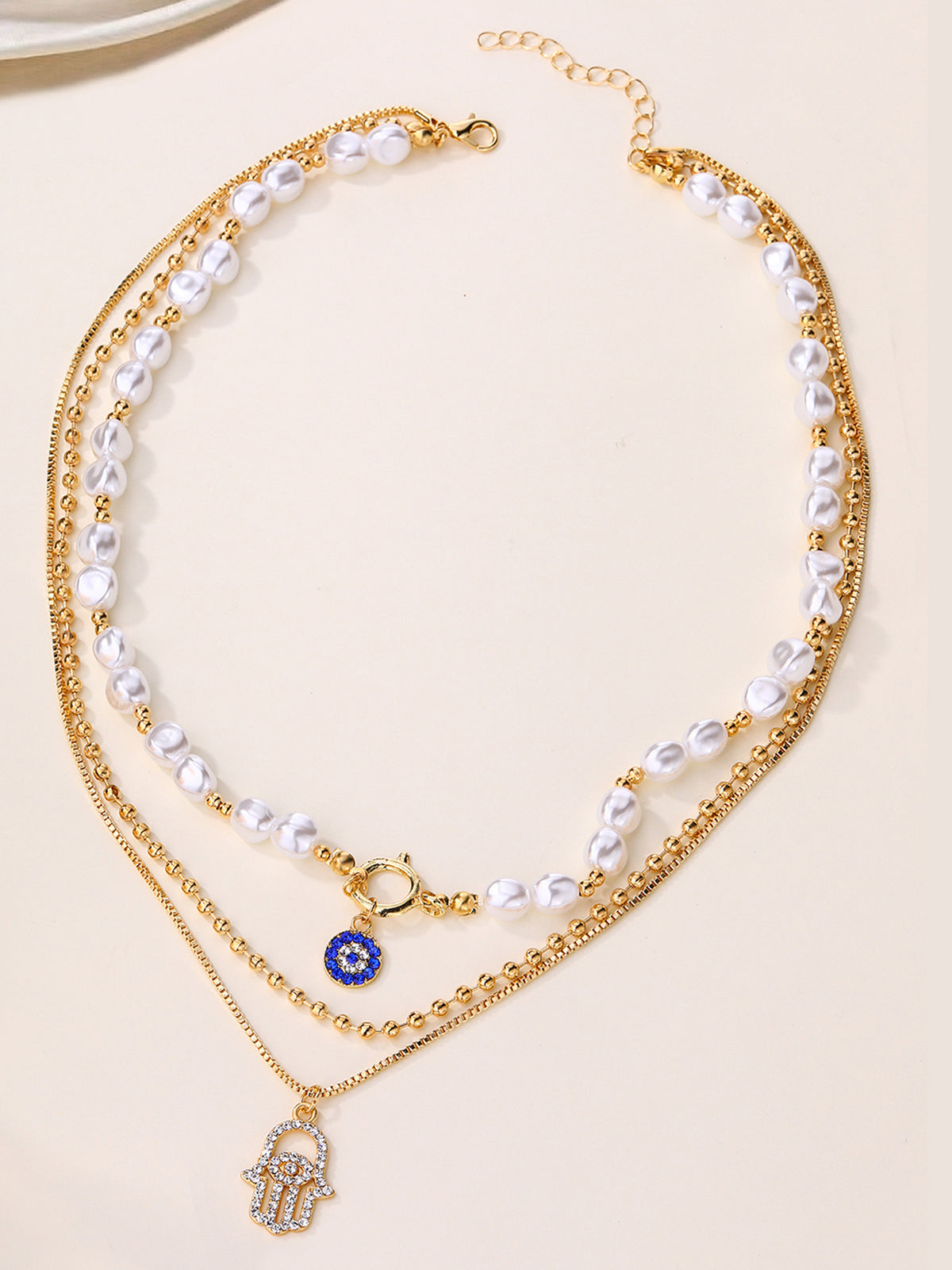 İnci Ve Hamsa Eli Çok Katmanlı Kolye Seti