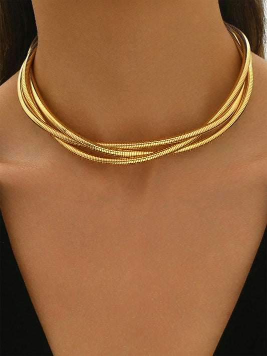 Üç Katmanlı Altın Tonlu Choker Kolye