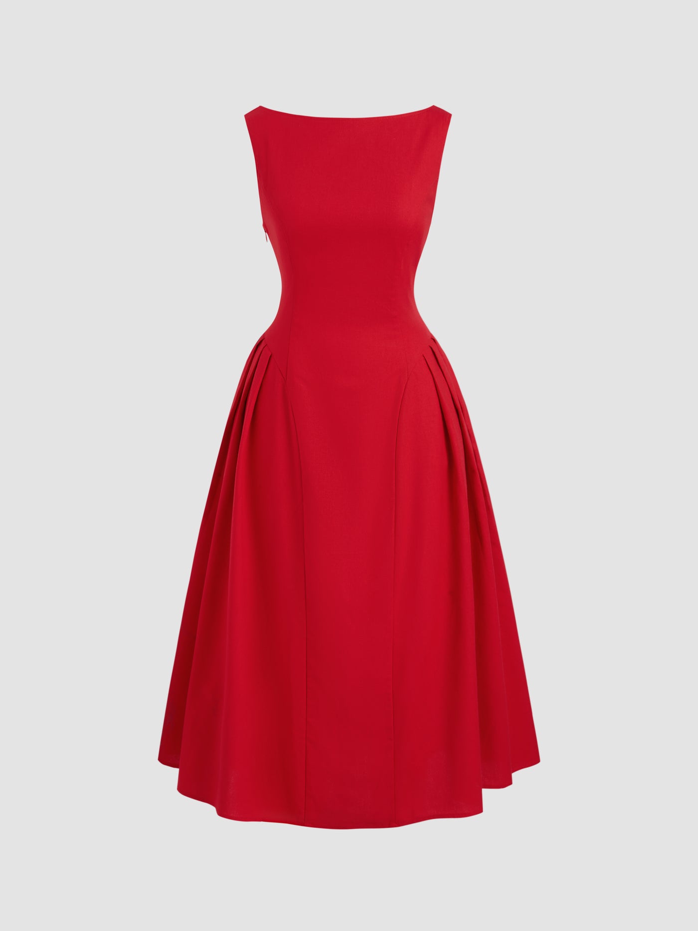Vestido midi de mezcla de lino con cuello barco, volantes y espalda descubierta - Rojo