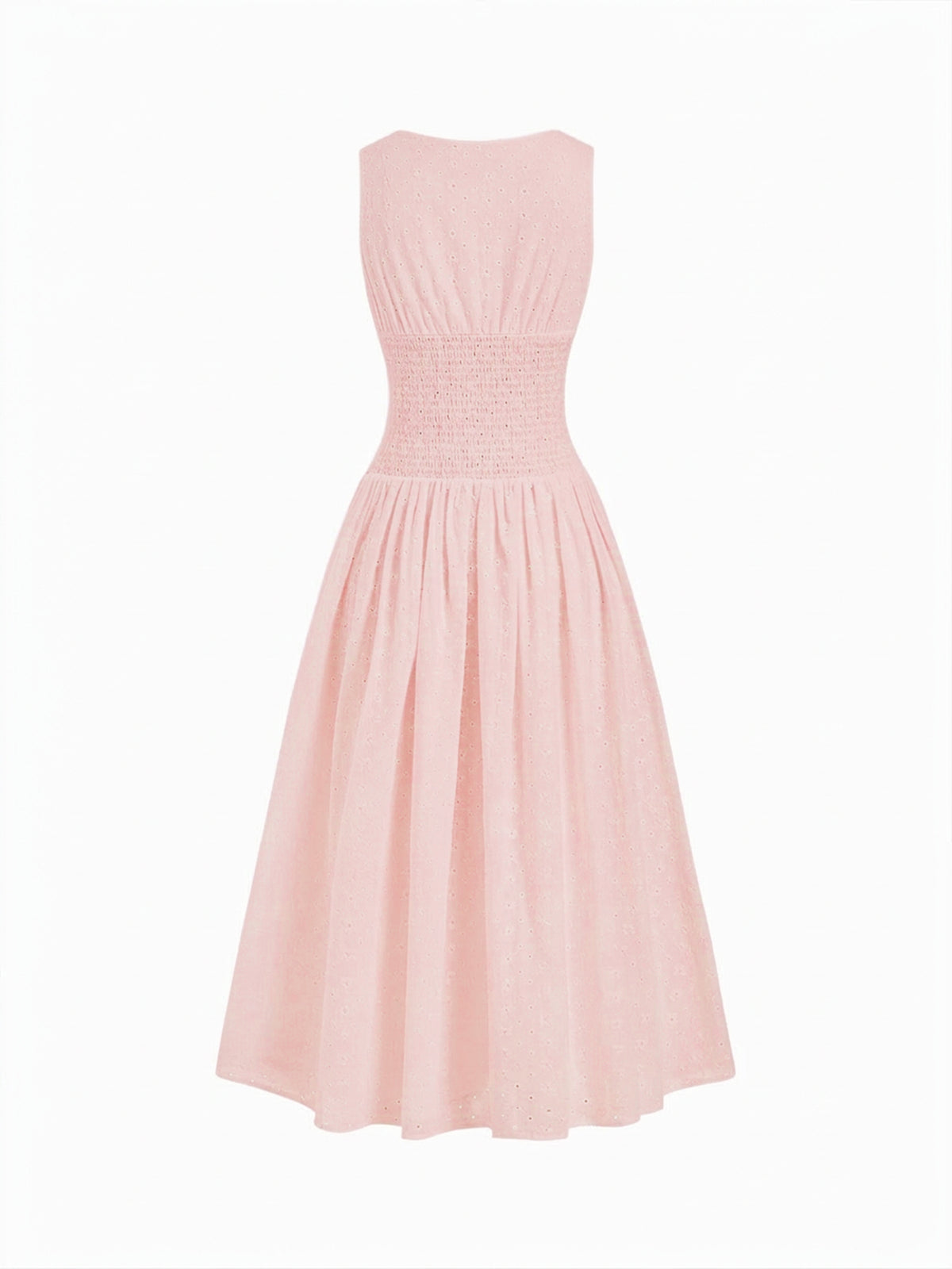 Vestido midi de algodón con cuello en V, bordado inglés, detalle floral, encaje y botones - Rosa