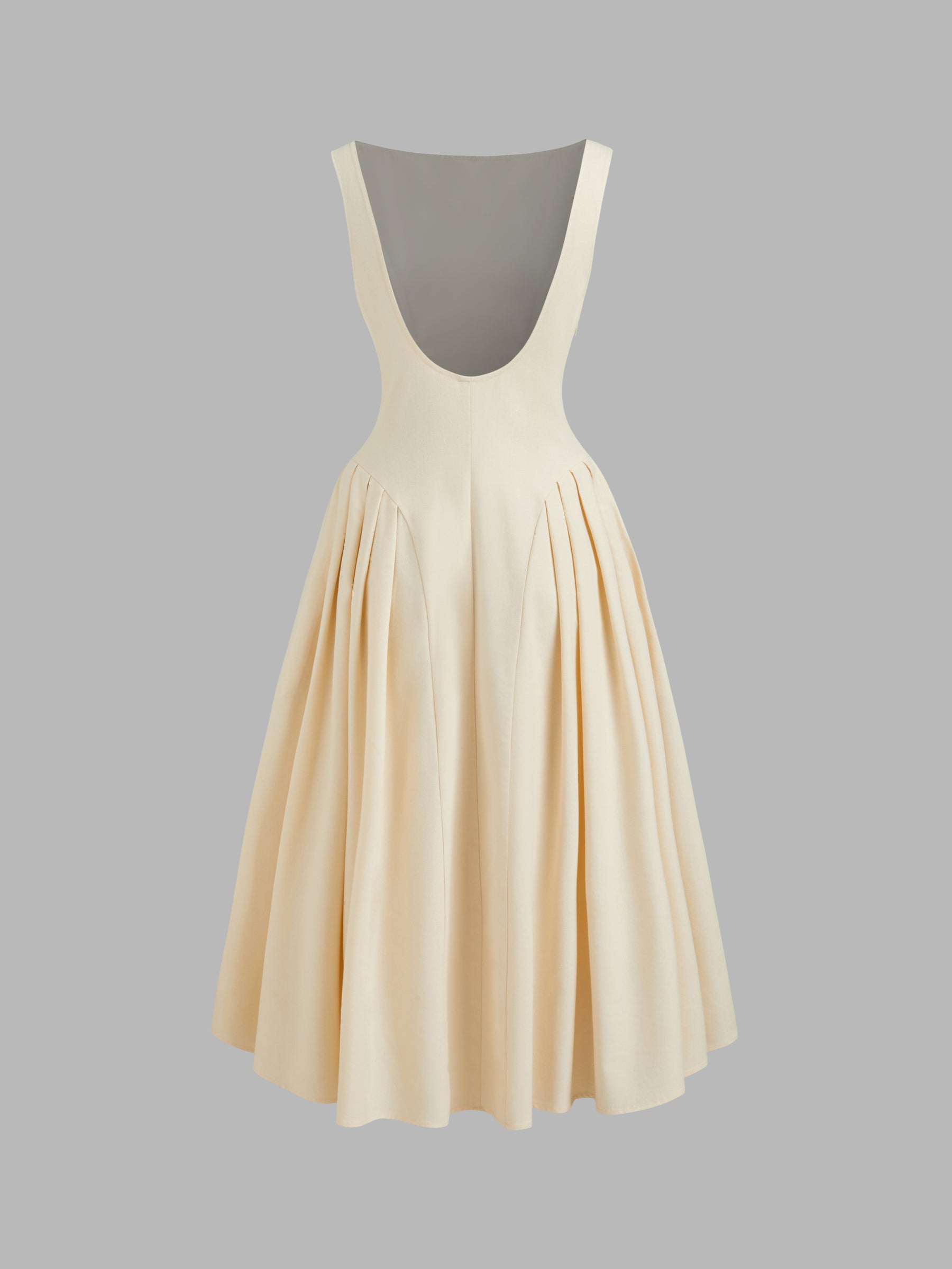 Vestido midi de mezcla de lino con cuello barco, volantes y espalda descubierta - Beige