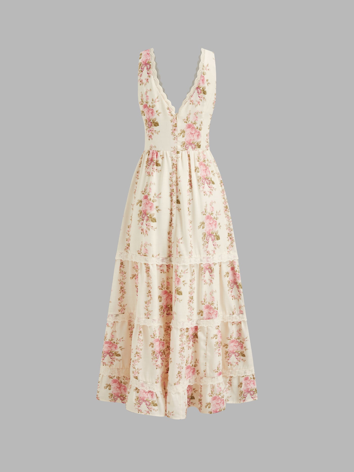 Vestido largo floral con cuello en V, encaje, lazada y capas - Rosa
