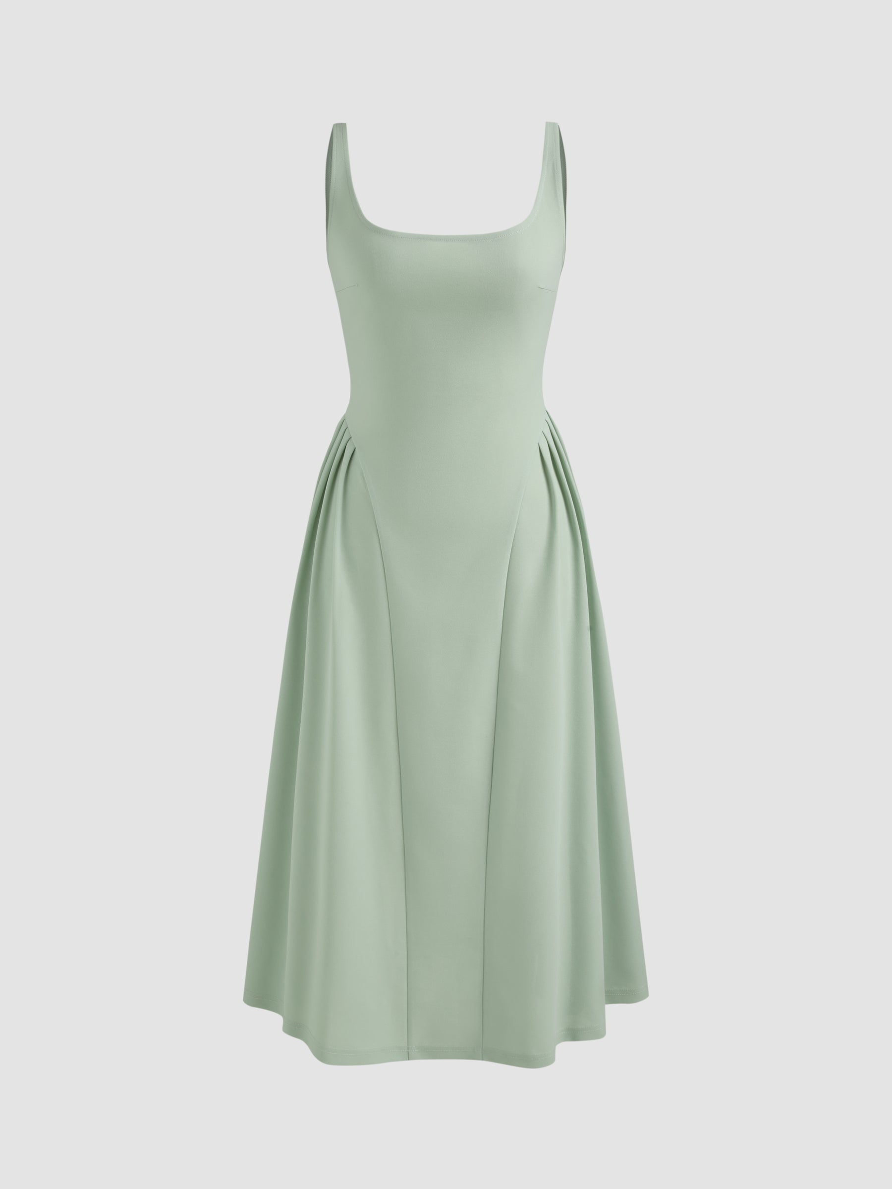 Vestido midi liso de tejido con cuello cuadrado