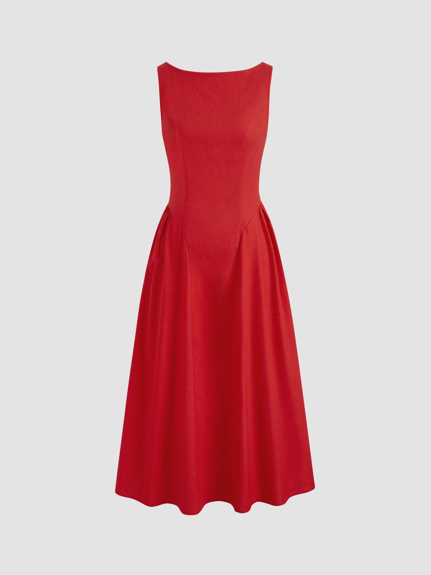 Vestido midi con cuello barco y volante