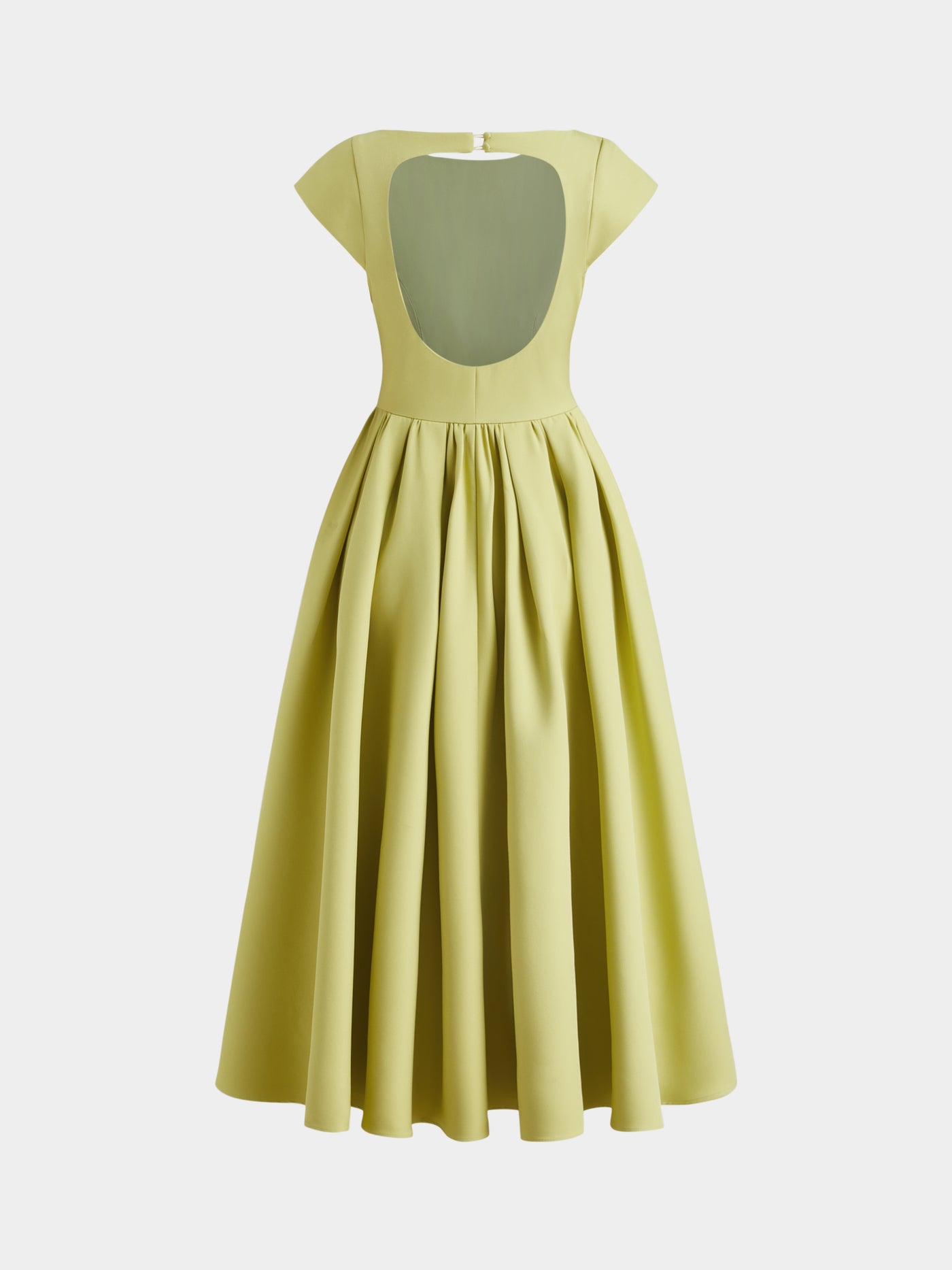 Vestido largo con cuello barco, espalda descubierta, aberturas y volante