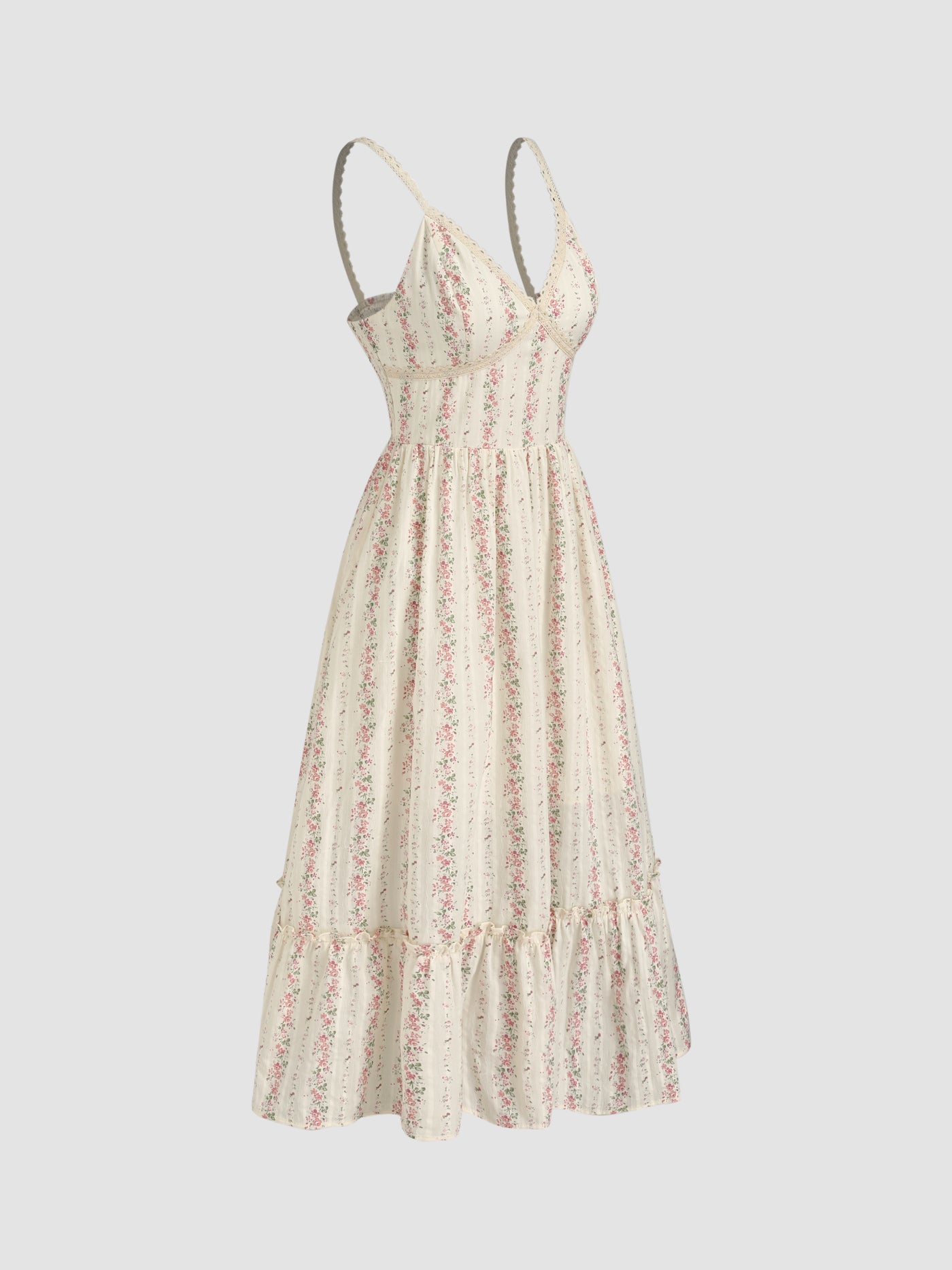 Vestido largo floral de algodón con cuello en V y fruncido