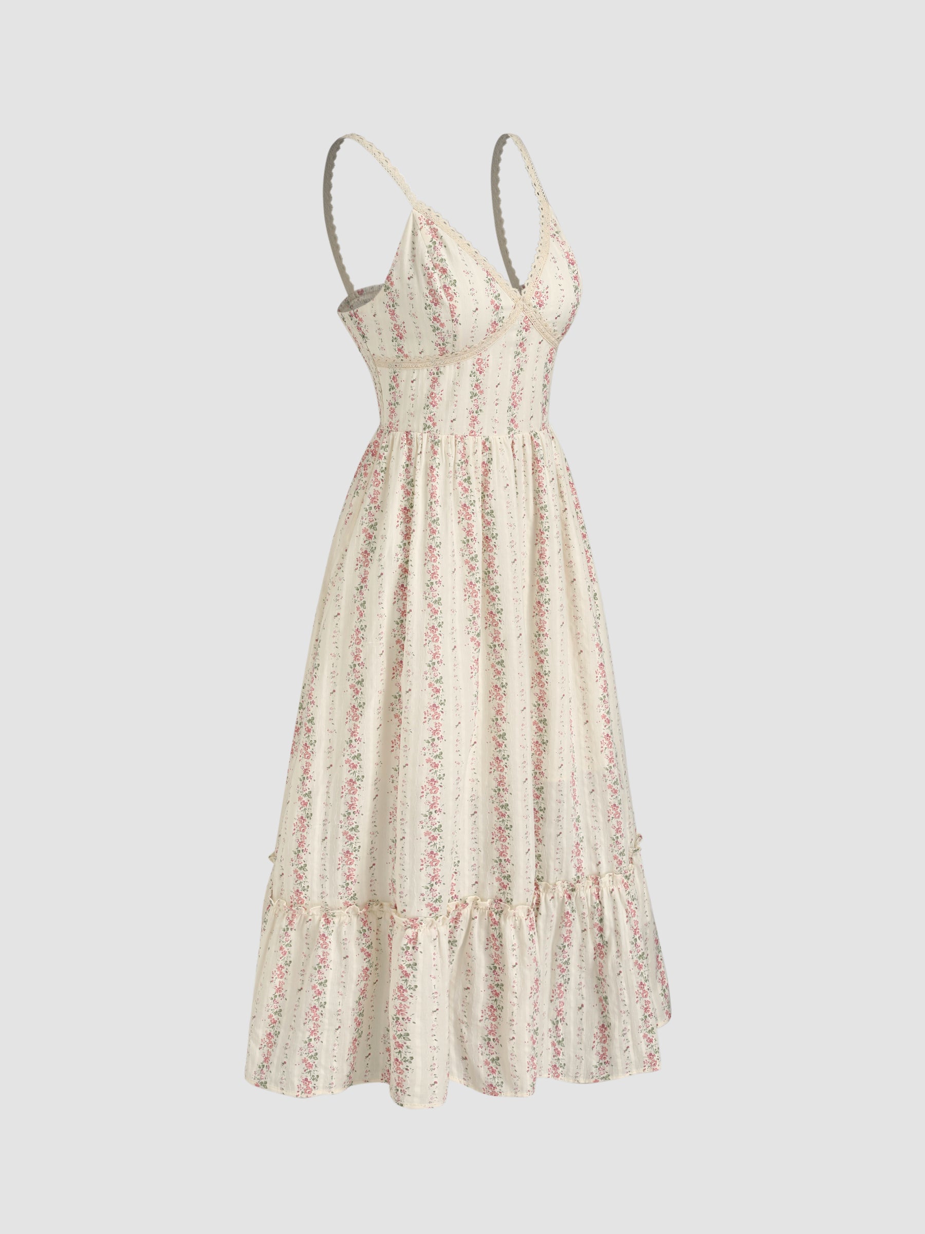 Vestido largo floral de algodón con cuello en V y fruncido