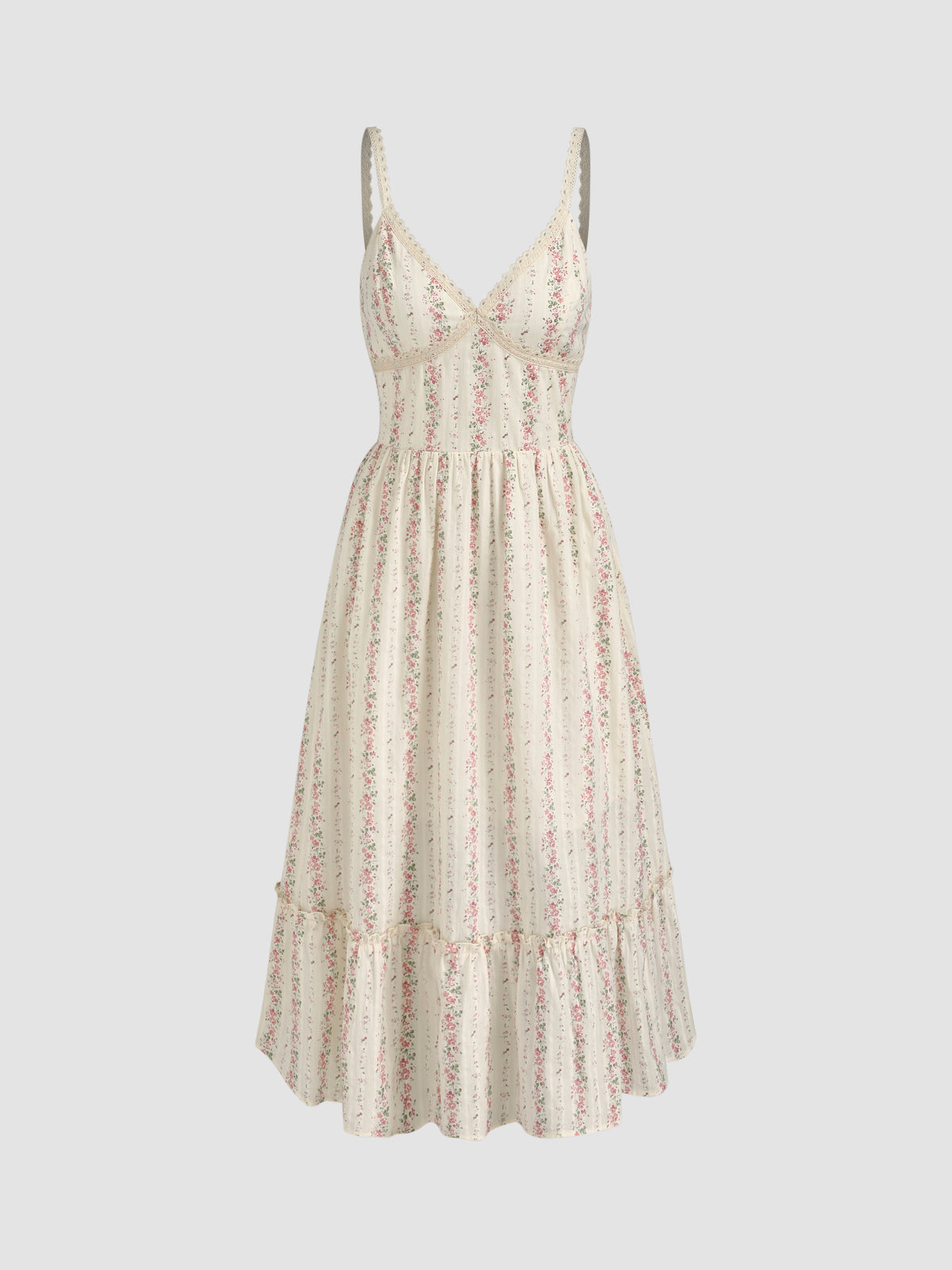 Vestido largo floral de algodón con cuello en V y fruncido