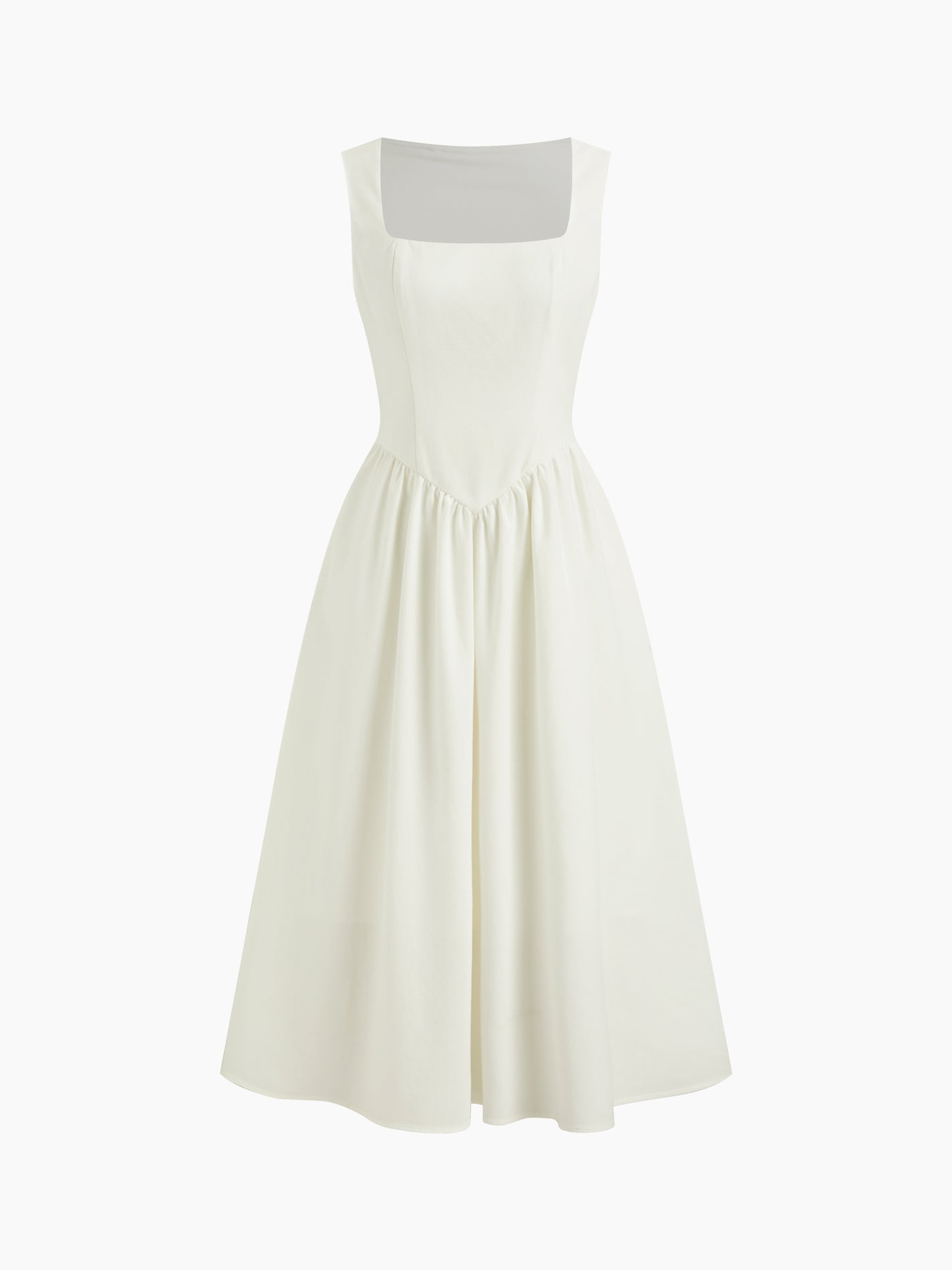 Vestido midi de mezcla de lino con cuello cuadrado y volante