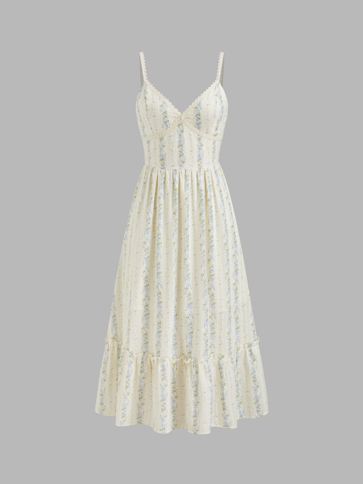 Vestido largo floral de algodón con cuello en V y fruncido