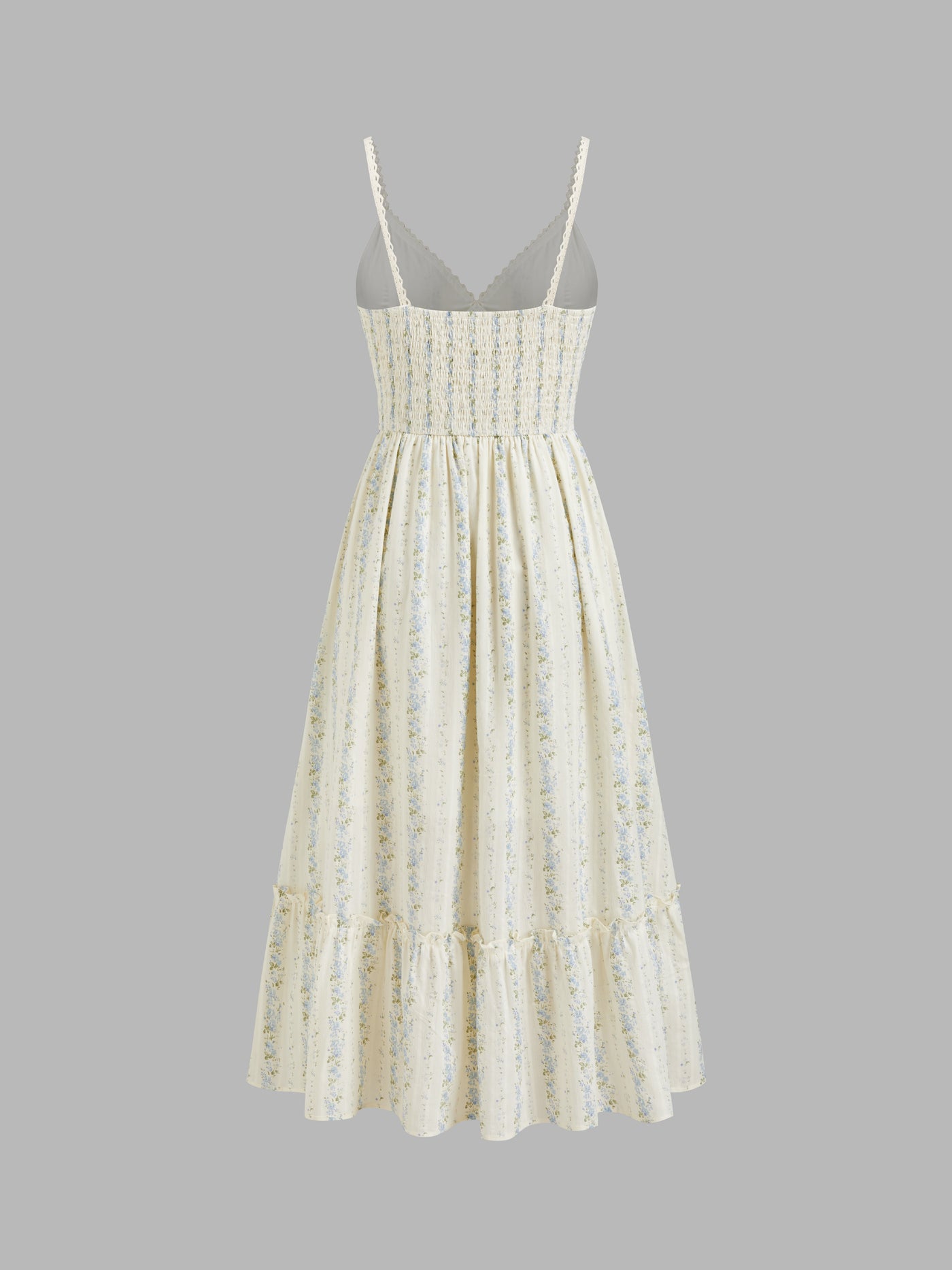 Vestido largo floral de algodón con cuello en V y fruncido