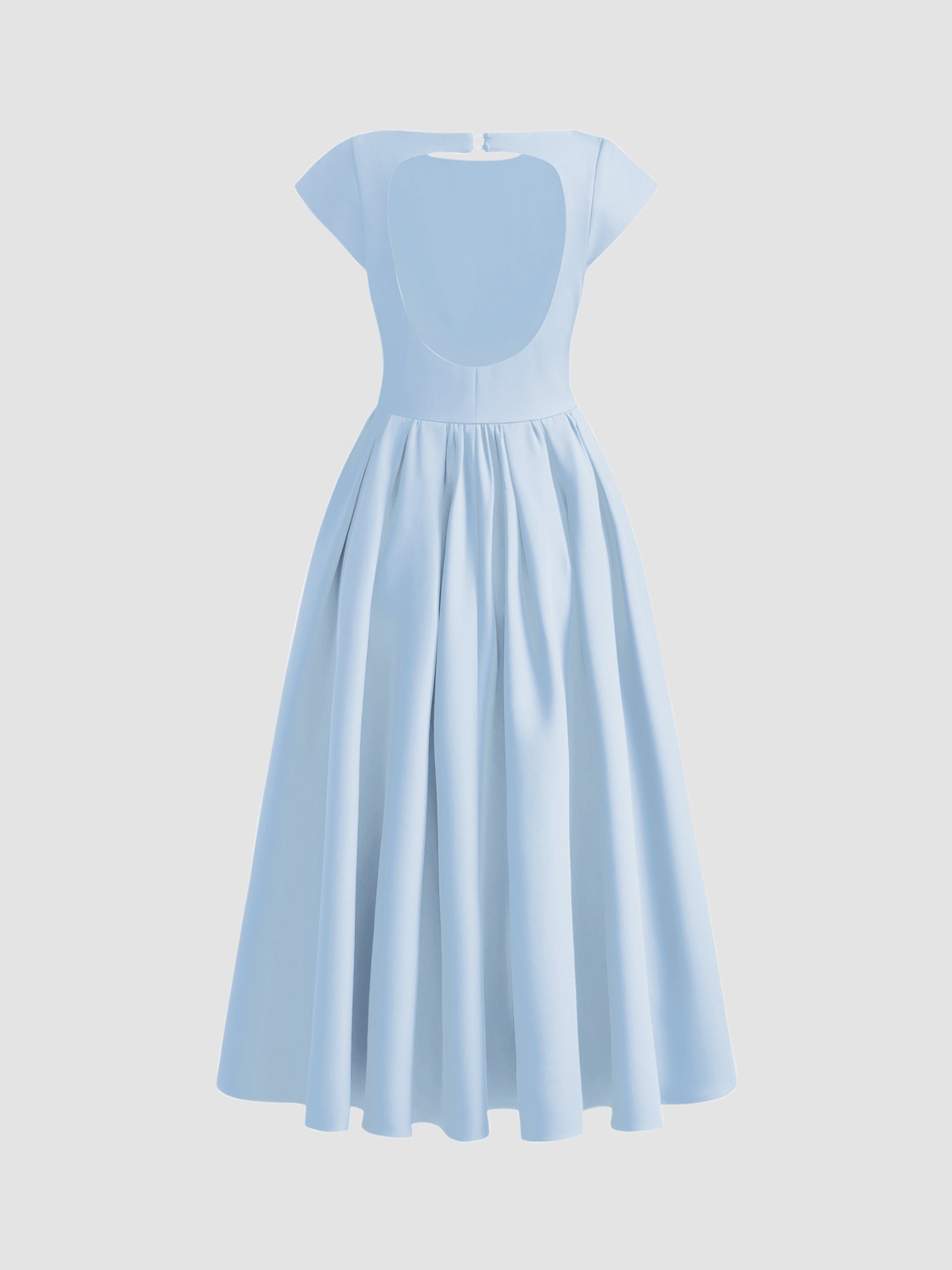 Vestido largo con cuello barco, espalda descubierta, aberturas y volante