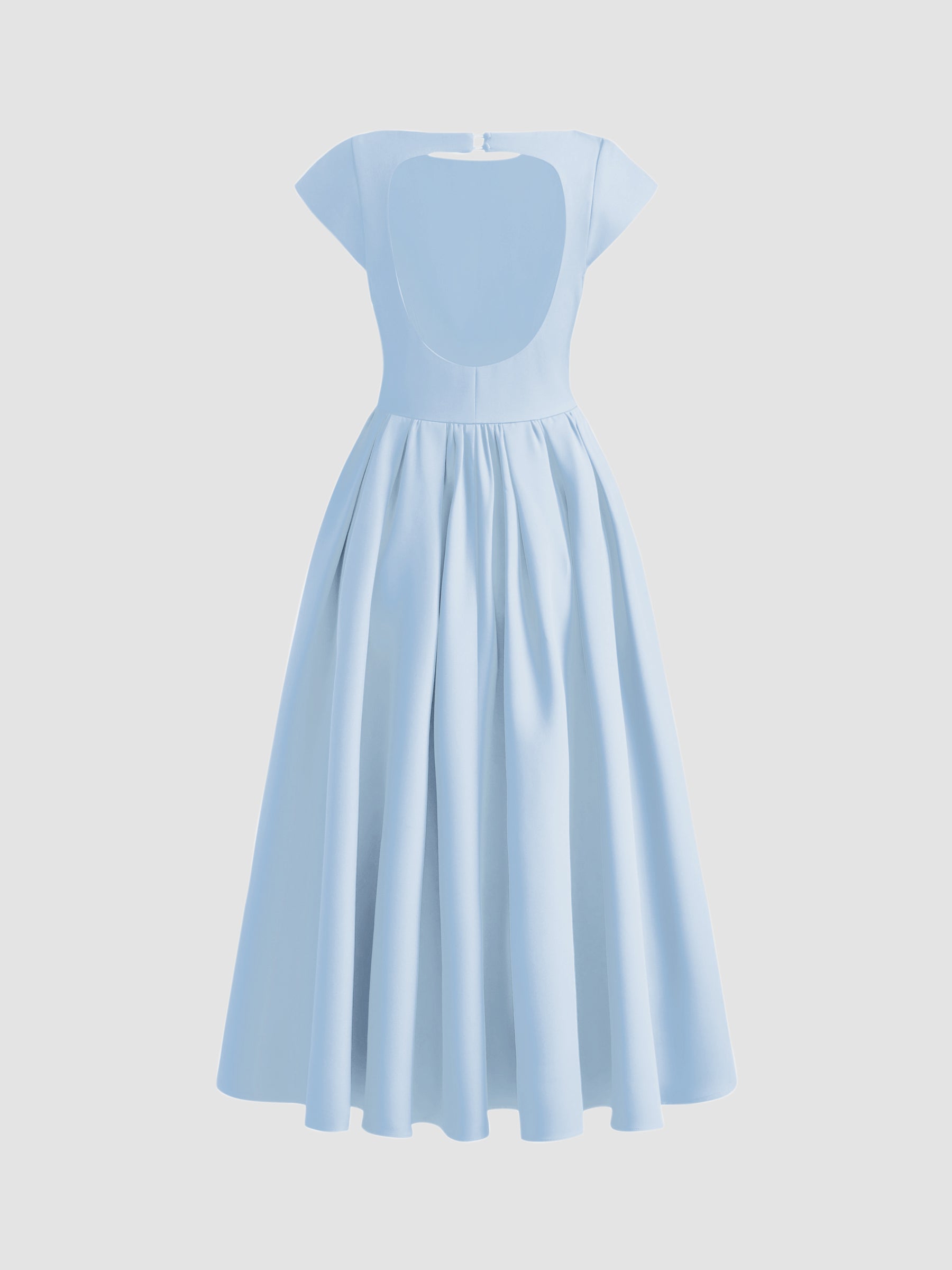 Vestido largo con cuello barco, espalda descubierta, aberturas y volante