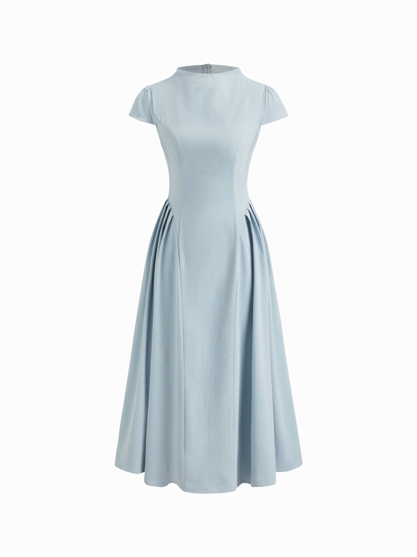 Vestido midi de cuello alto con volante y cremallera
