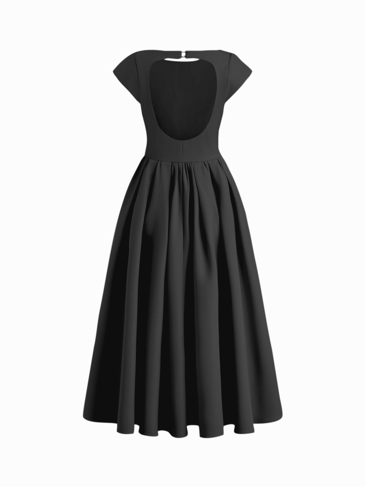 Vestido largo con cuello barco, espalda descubierta, aberturas y volante