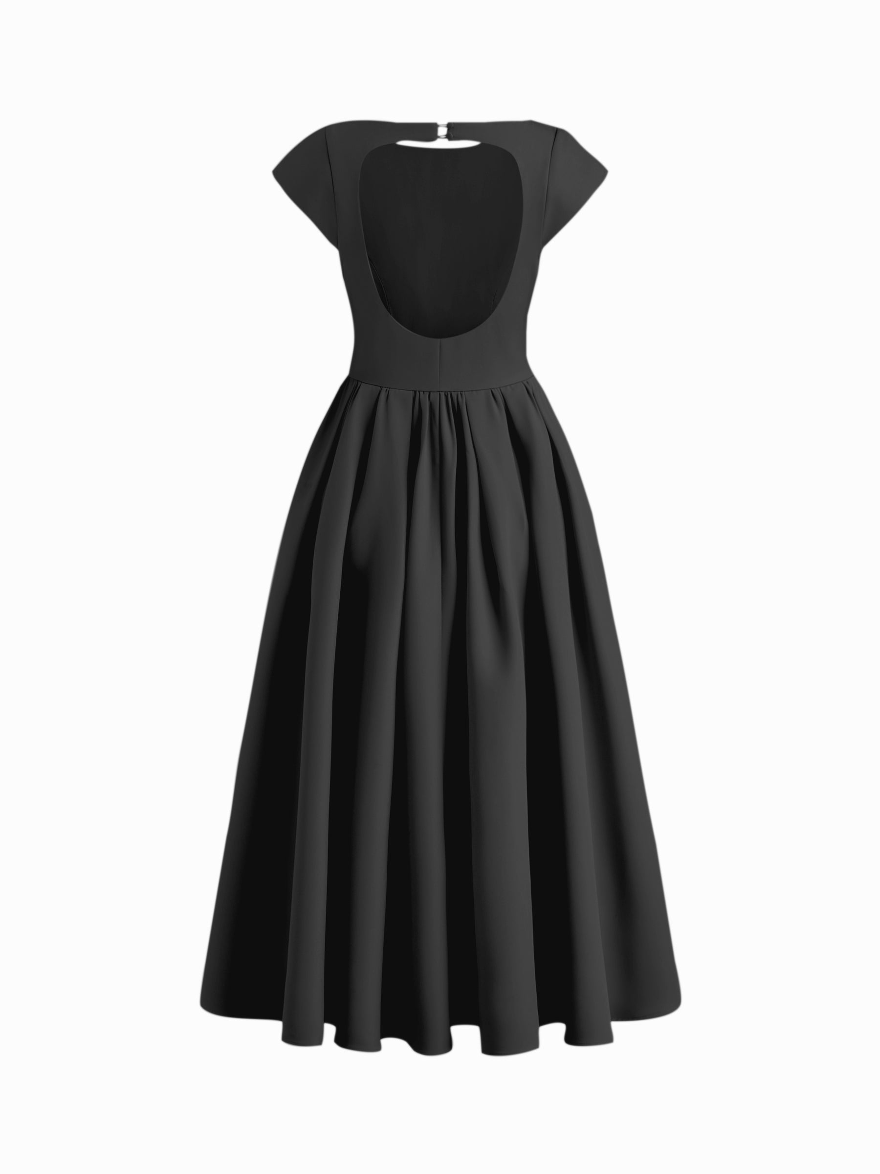 Vestido largo con cuello barco, espalda descubierta, aberturas y volante