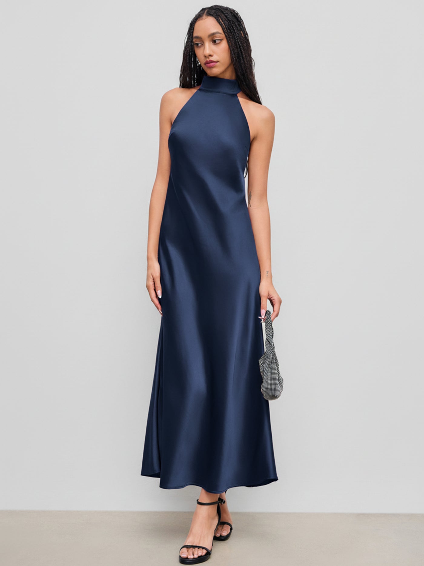 Vestido maxi satinado halter con espalda descubierta - Azul marino oscuro - imagen 2