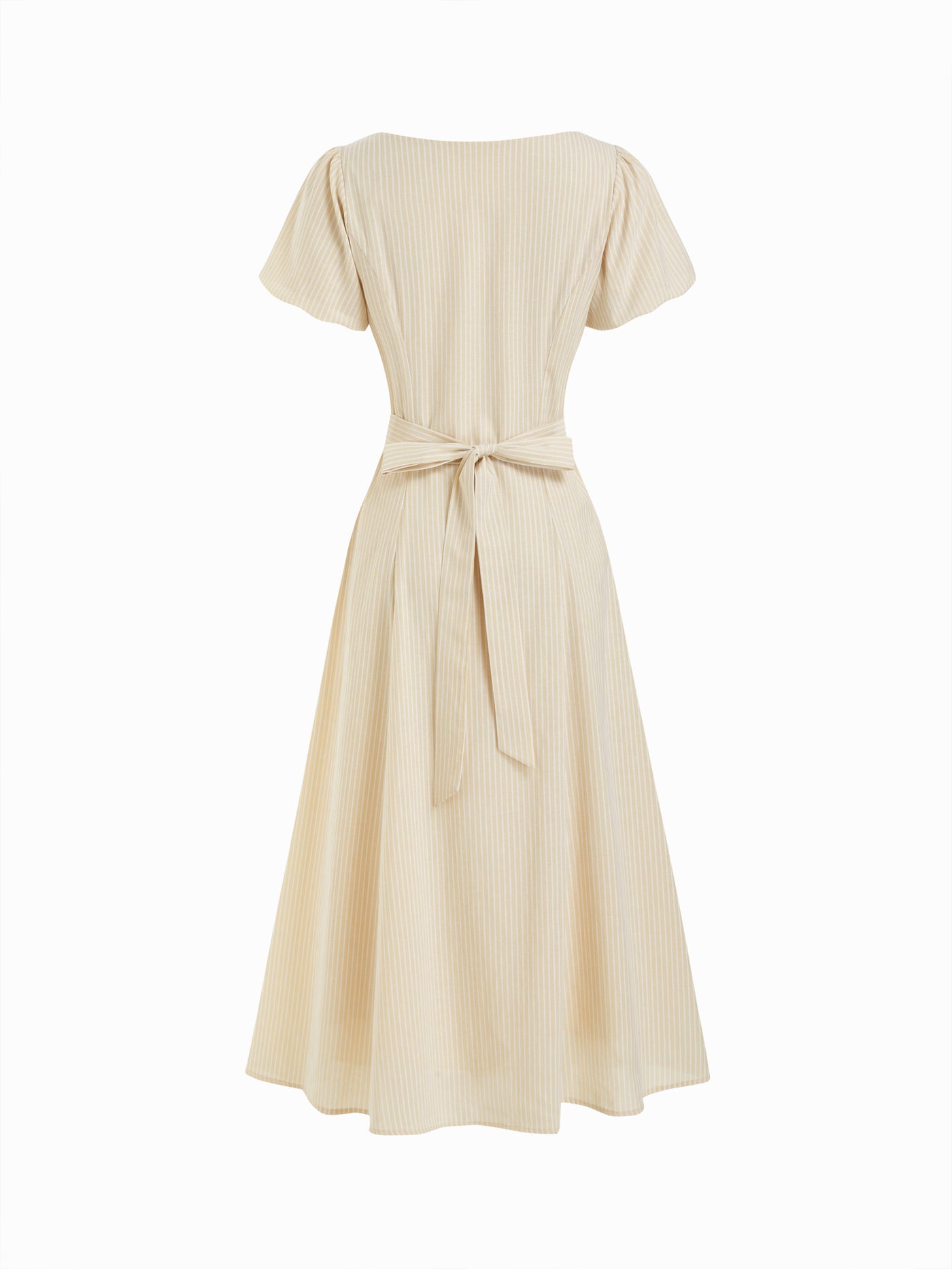 Vestido largo de mezcla de algodón a rayas con fruncido y lazada en la espalda