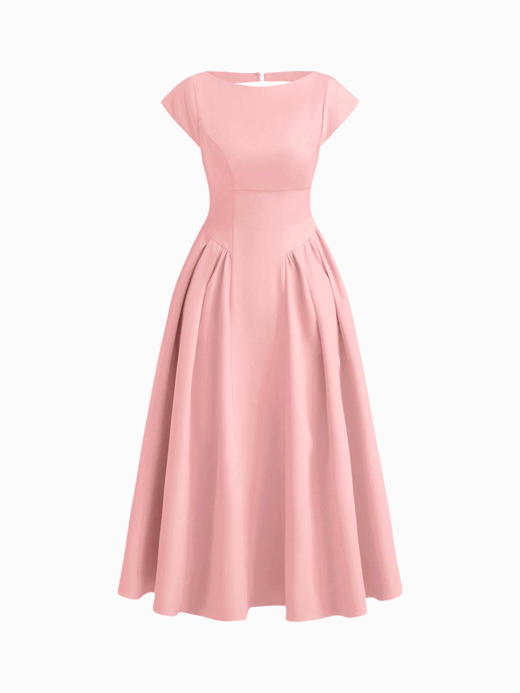 Vestido largo con cuello barco, espalda descubierta, aberturas y volante