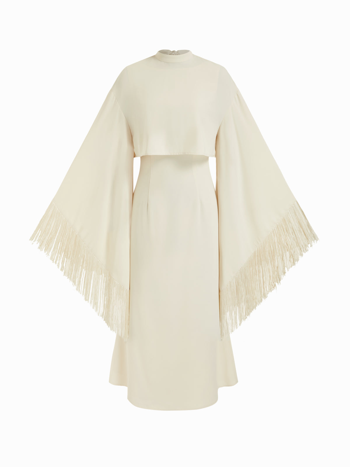 Conjunto de vestido midi y capa superpuesta con flecos, cuello alto y manga campana