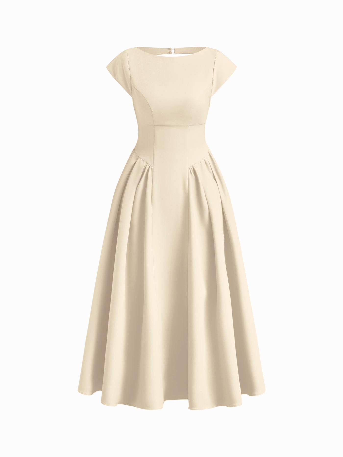 Vestido largo con cuello barco, espalda descubierta, aberturas y volante