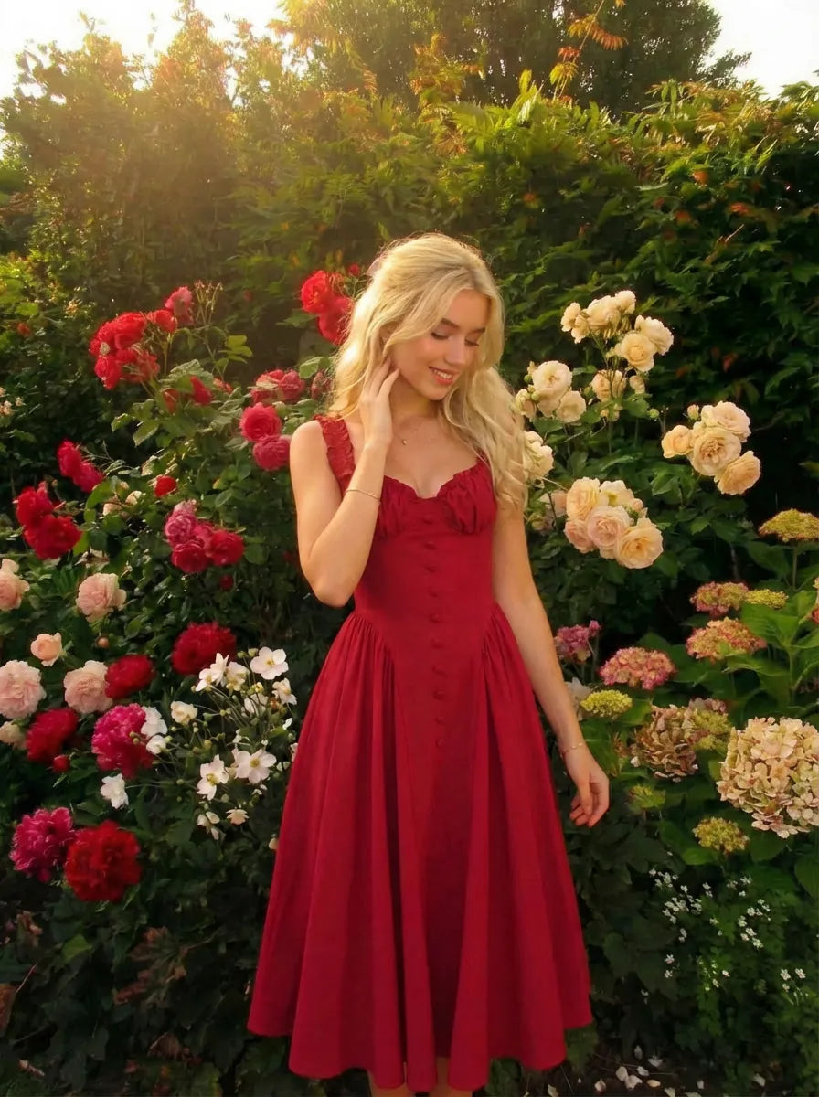 Vestido largo evasé con cuello en U, volantes y lazada - Rojo