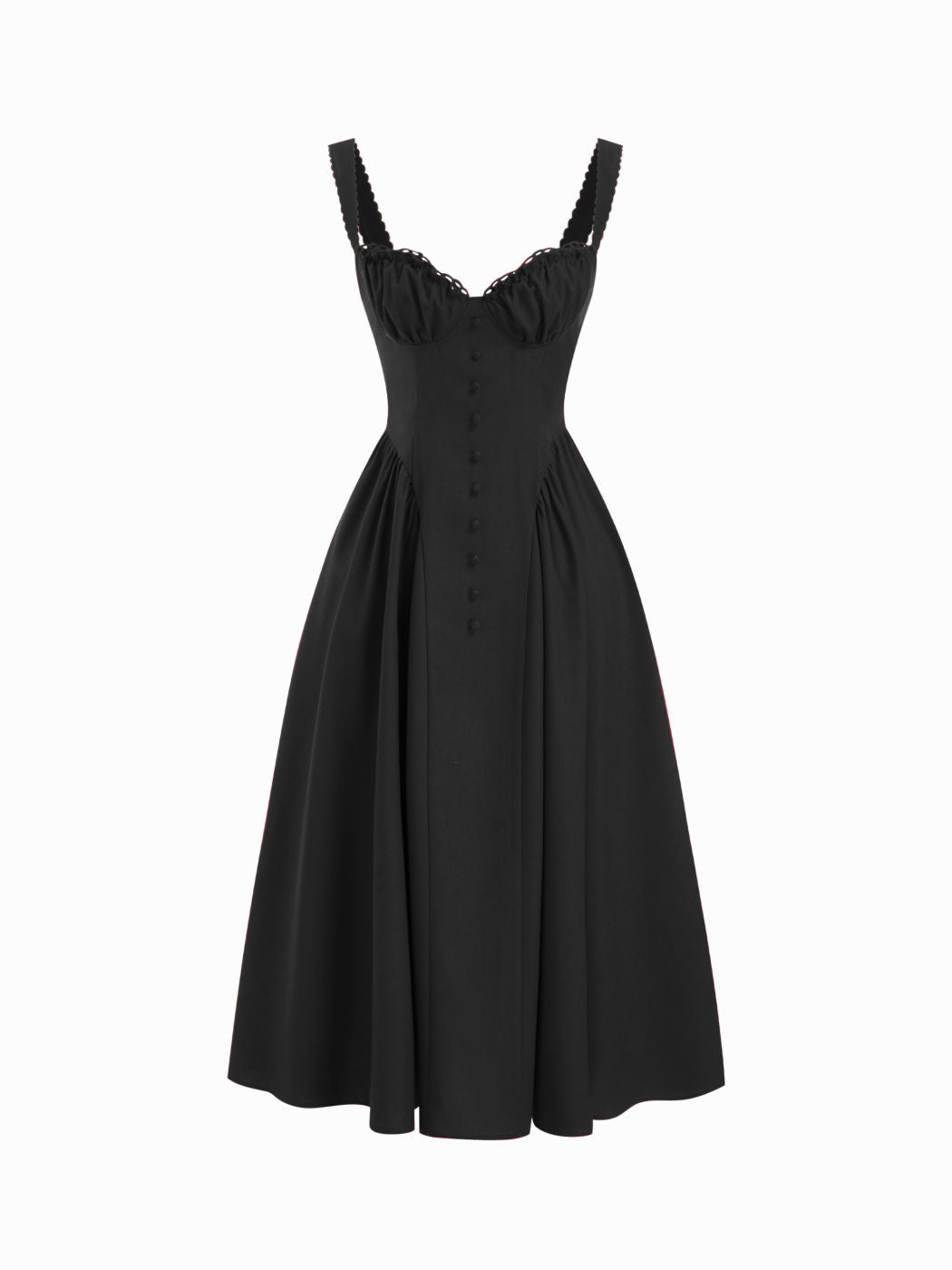 Vestido largo evasé con cuello en U, volantes y lazada - Negro