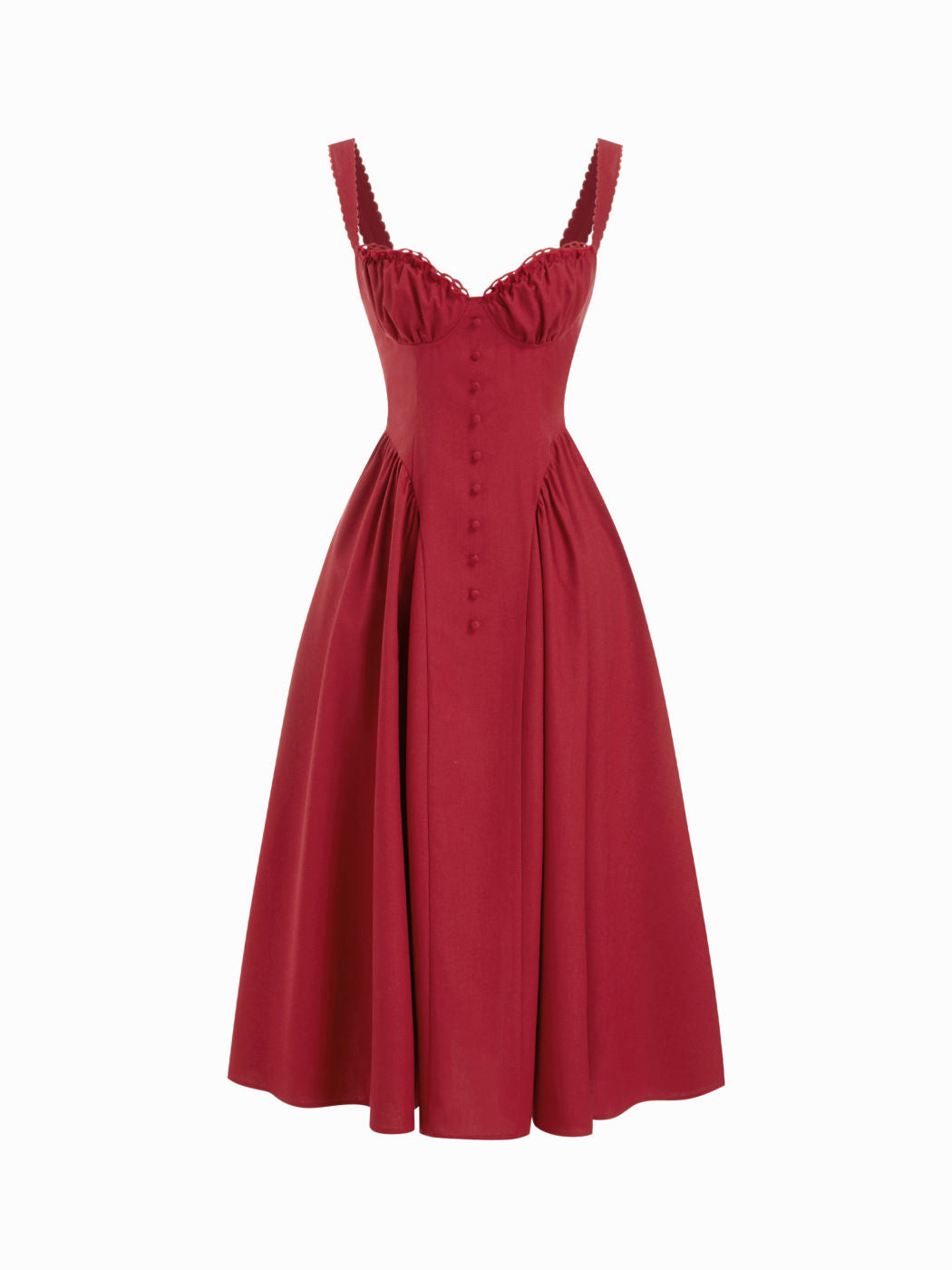 Vestido largo evasé con cuello en U, volantes y lazada - Rojo