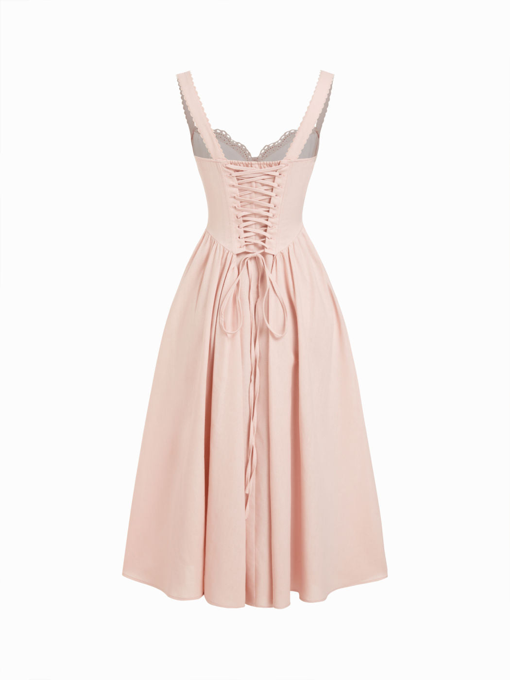 Vestido largo evasé con cuello en U, volantes y lazada - Rosa