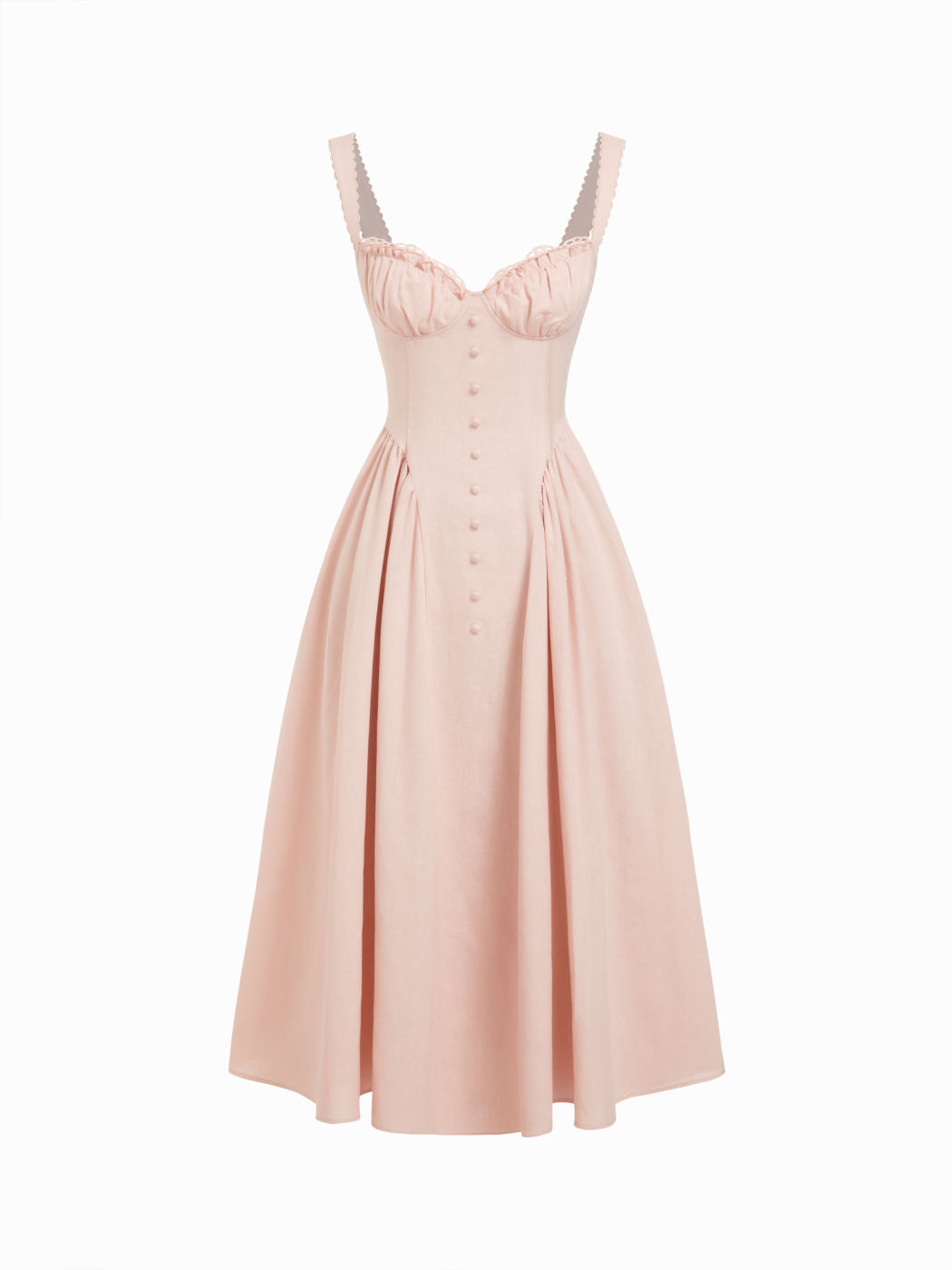 Vestido largo evasé con cuello en U, volantes y lazada - Rosa