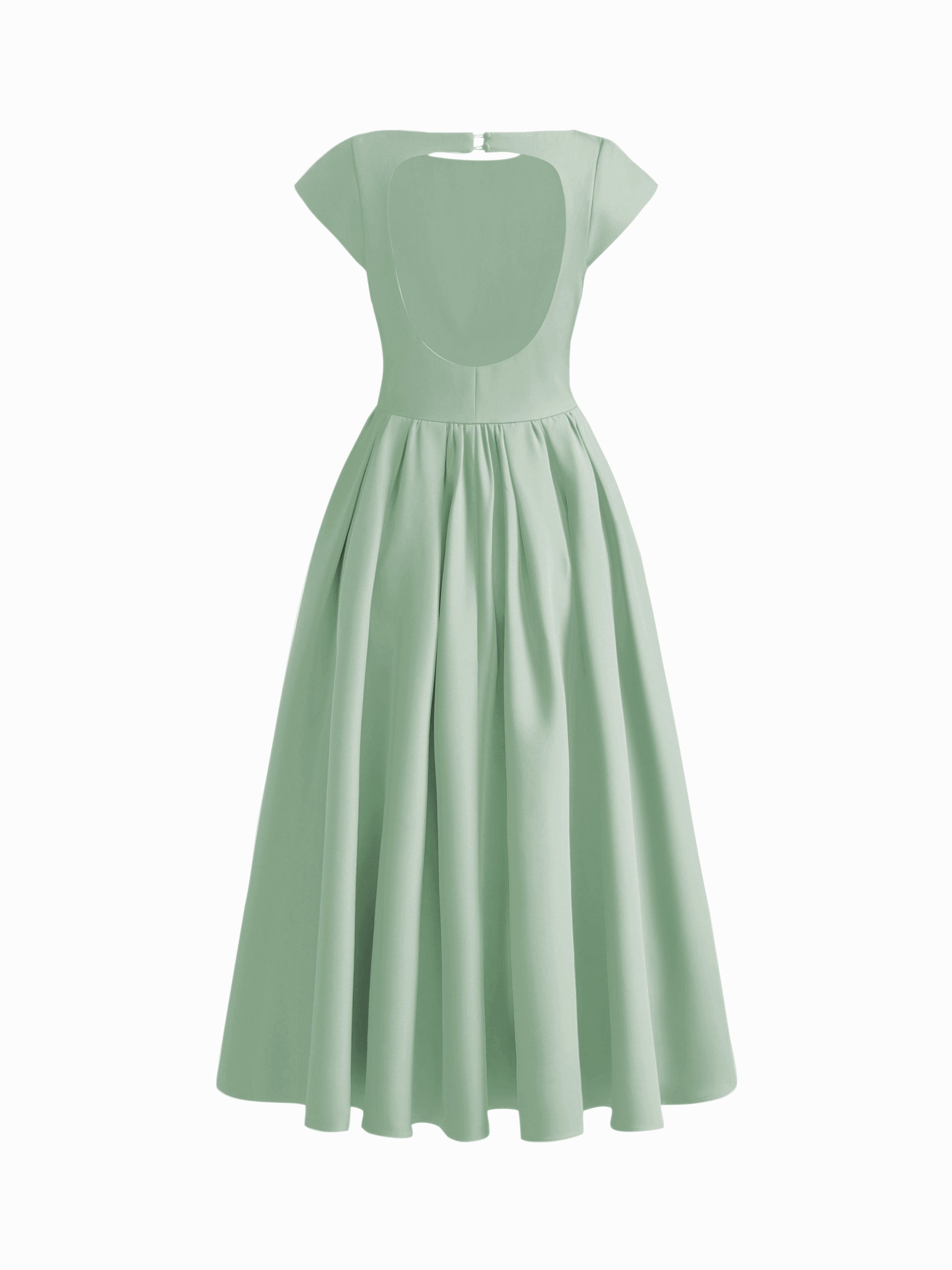Vestido largo con cuello barco, espalda descubierta, aberturas y volante