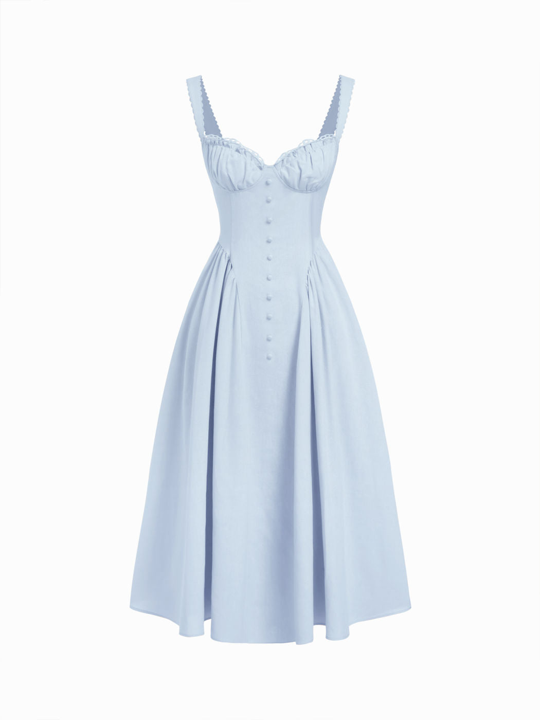 Vestido largo evasé con cuello en U, volantes y lazada - Azul bebé