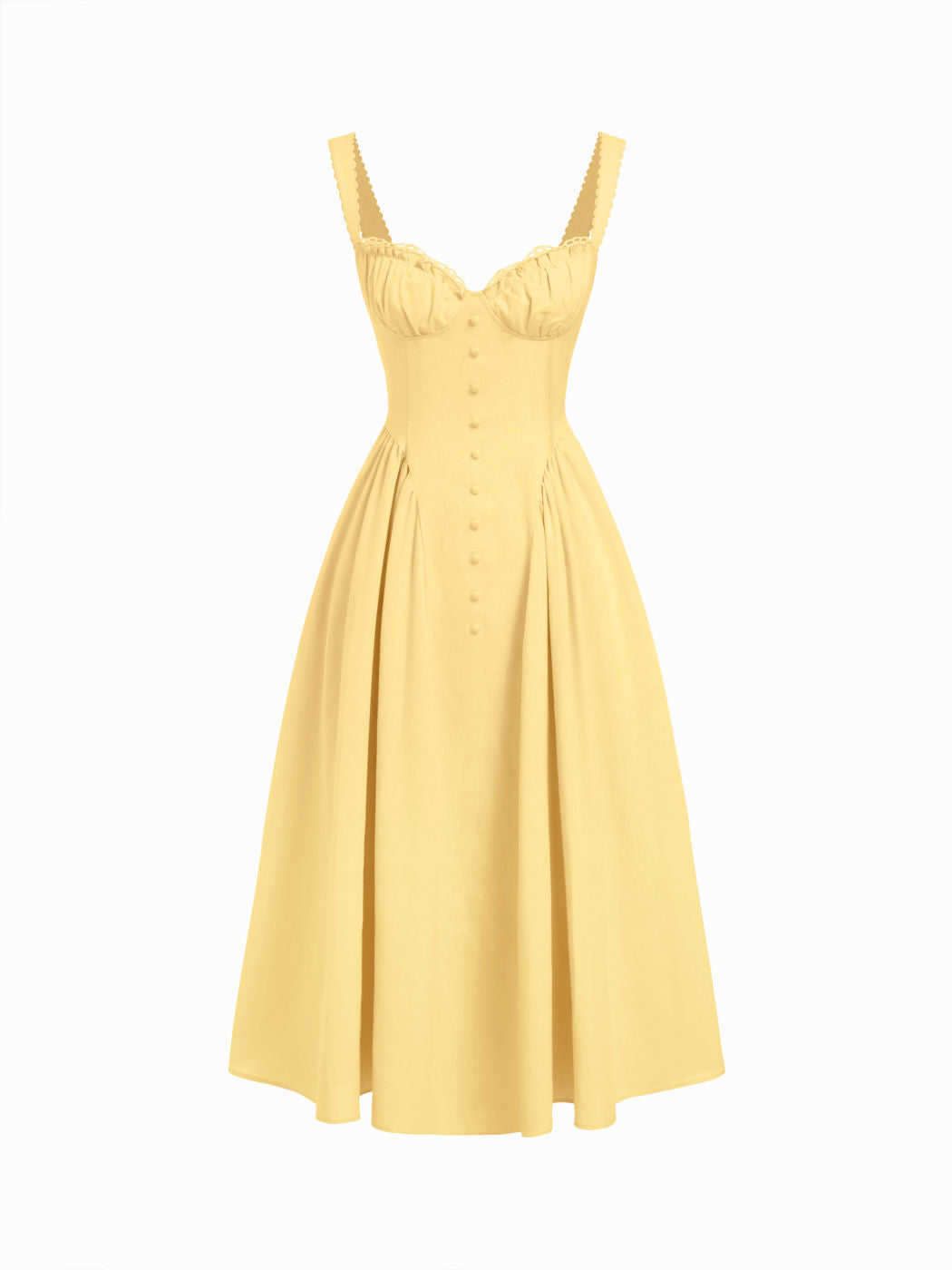 Vestido largo evasé con cuello en U, volantes y lazada - Amarillo