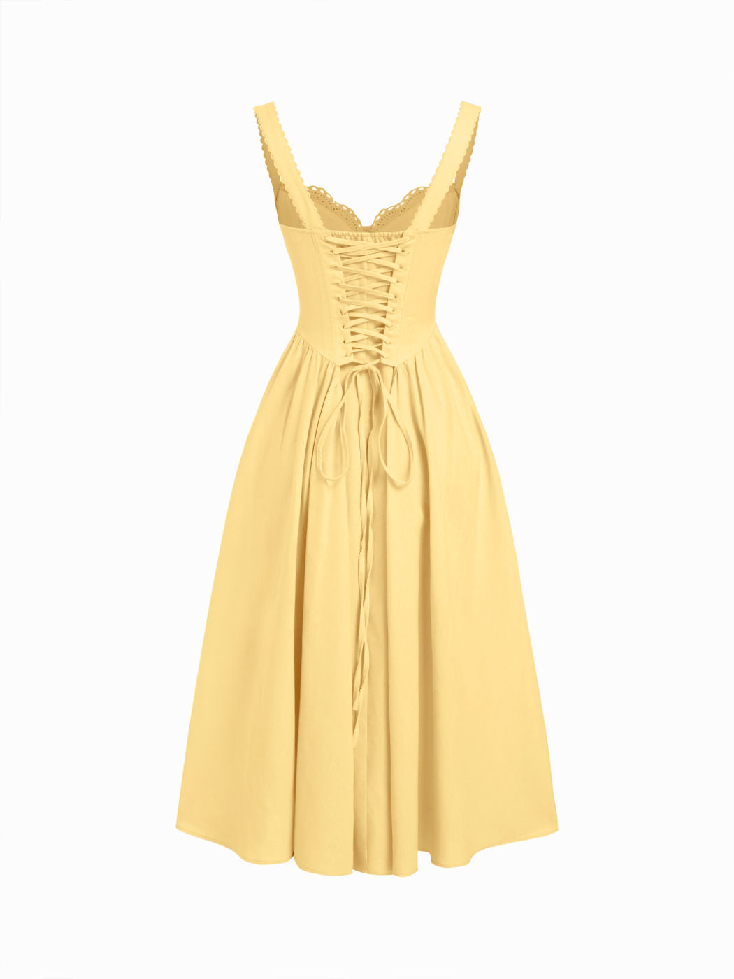 Vestido largo evasé con cuello en U, volantes y lazada - Amarillo