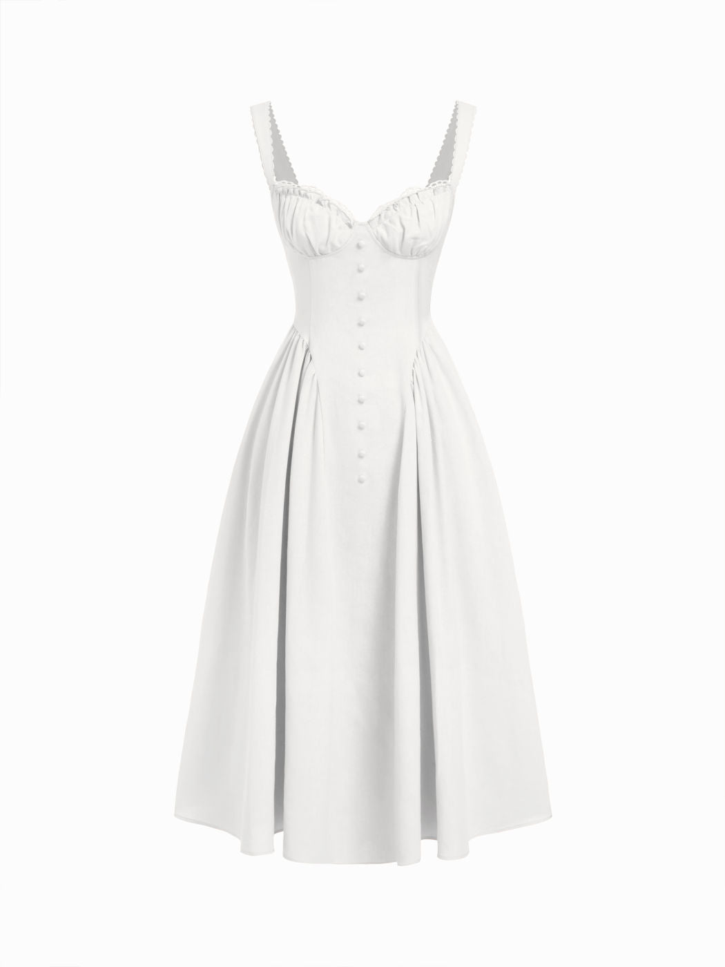 Vestido largo evasé con cuello en U, volantes y lazada - Blanco