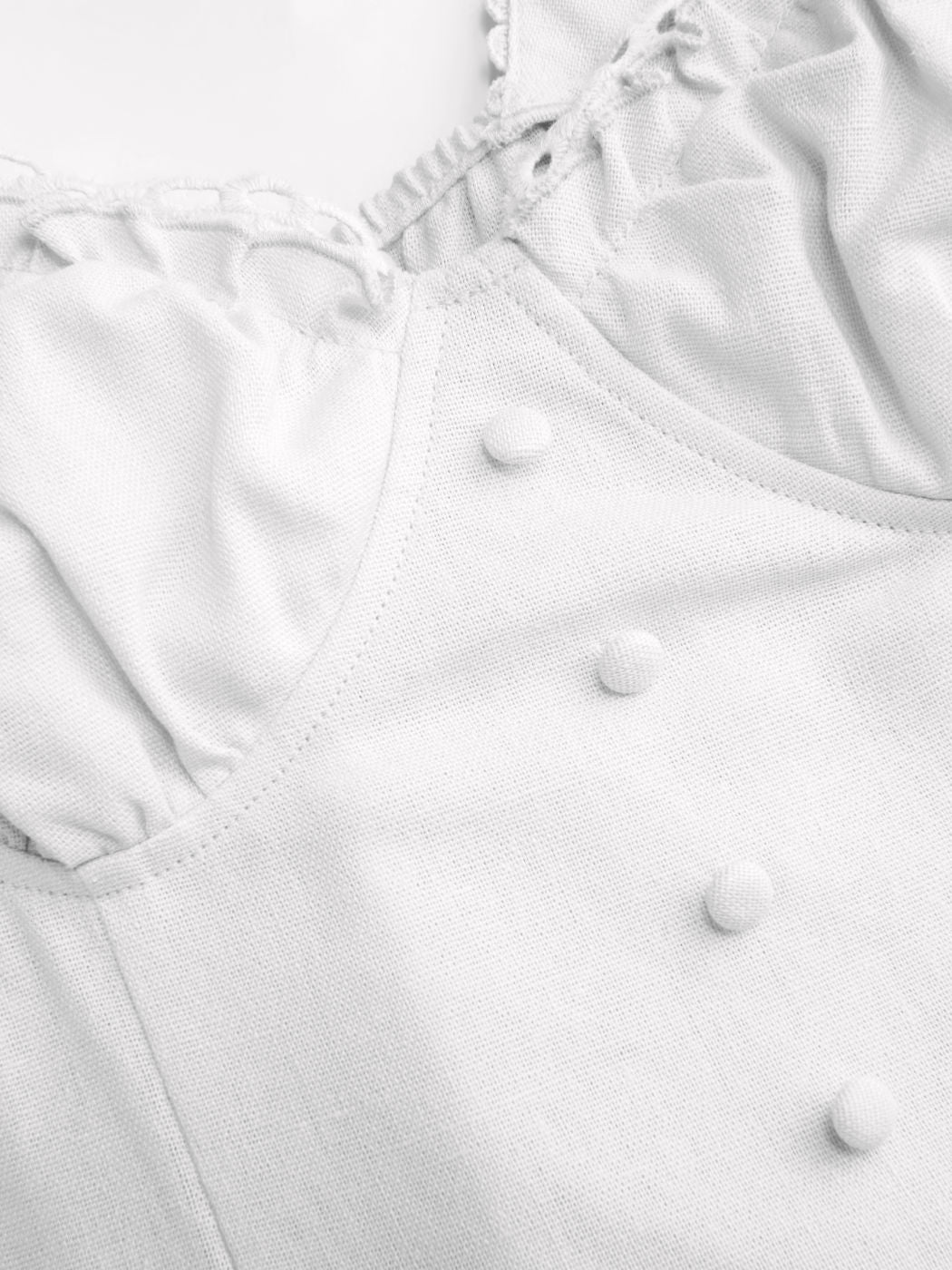 Vestido largo evasé con cuello en U, volantes y lazada - Blanco