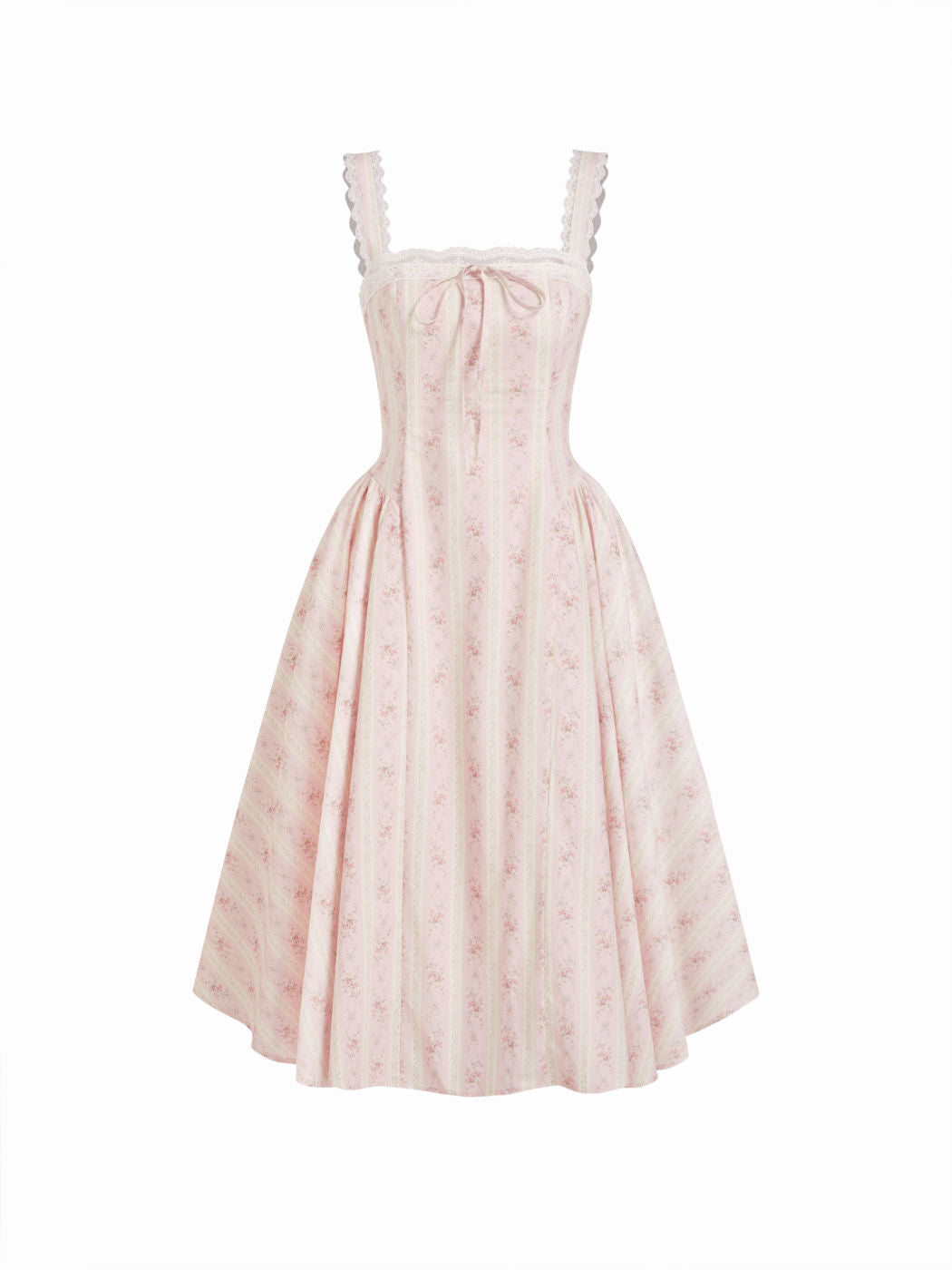 Vestido largo floral de algodón con escote corazón, lazada y volantes - Rosa