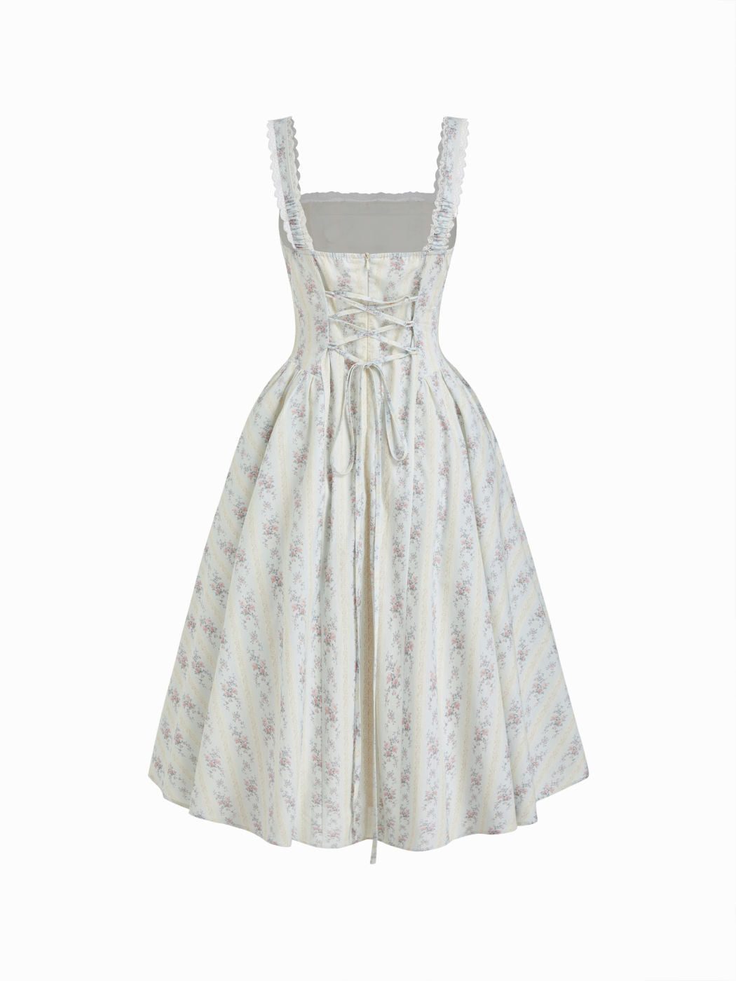Vestido largo floral de algodón con escote corazón, lazada y volantes - Azul bebé