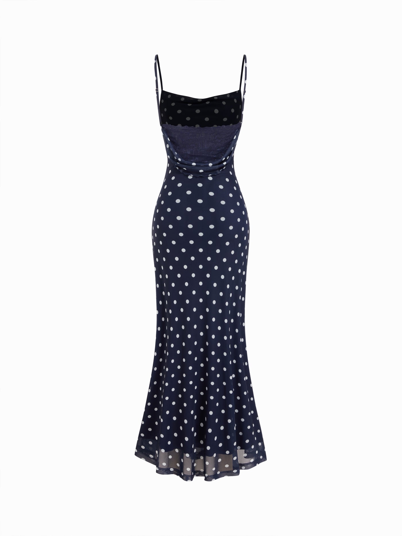 Vestido largo sirena de malla con lunares, panel de encaje y talle alto