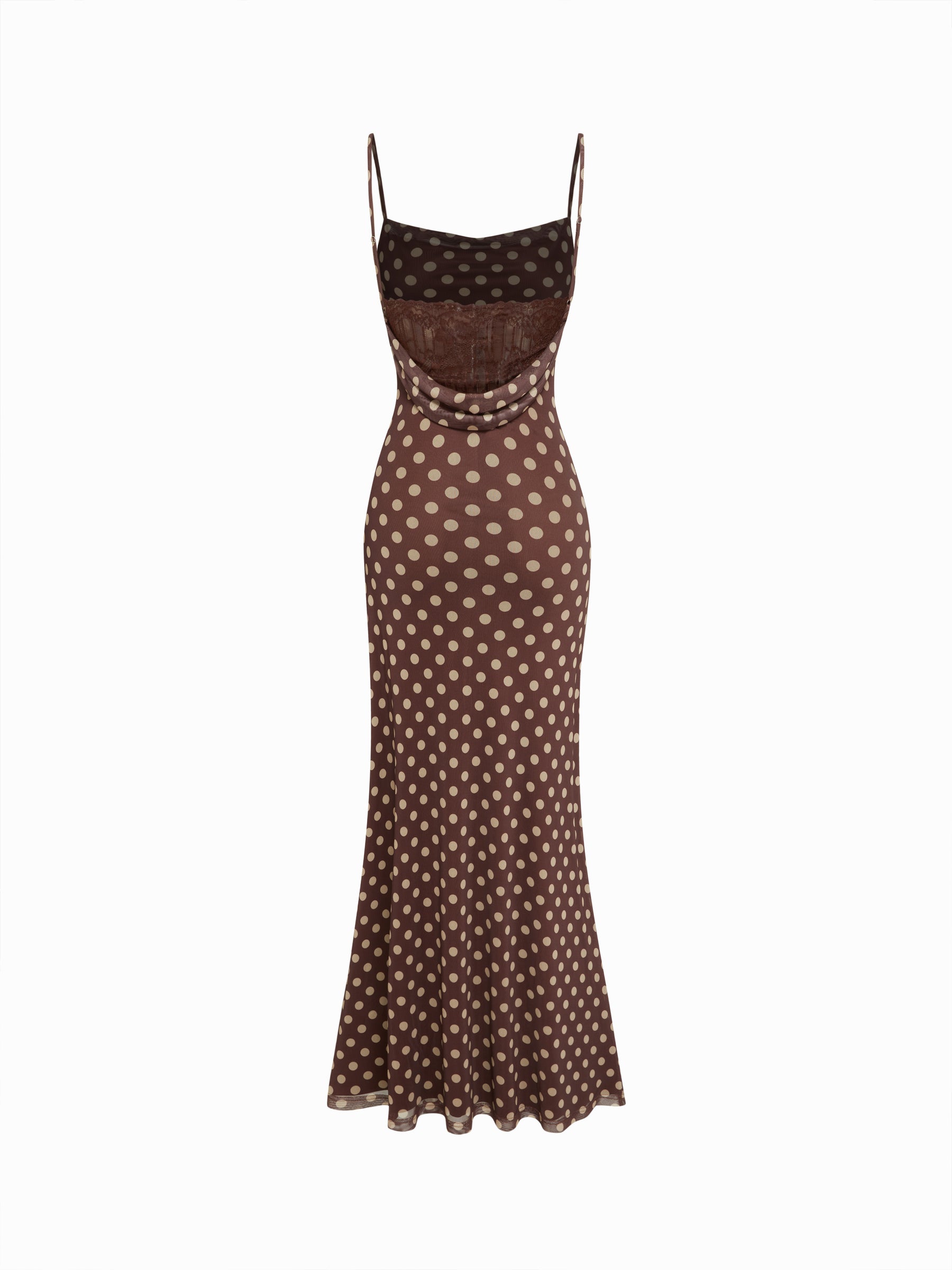 Vestido largo sirena de malla con lunares, panel de encaje y talle alto