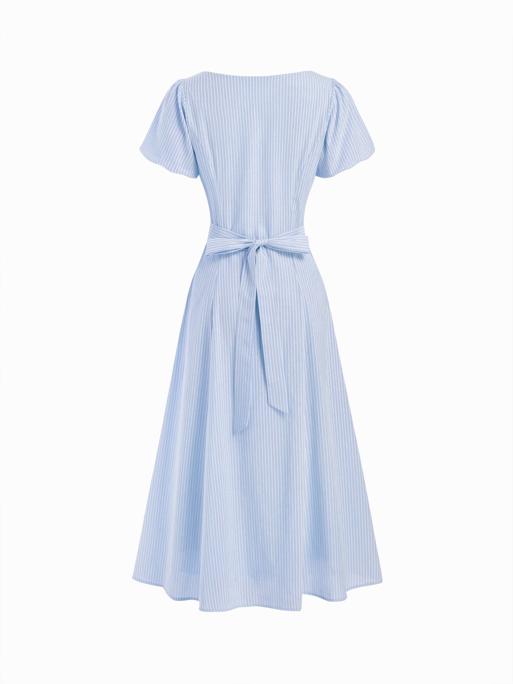 Vestido largo de mezcla de algodón a rayas con fruncido y lazada en la espalda