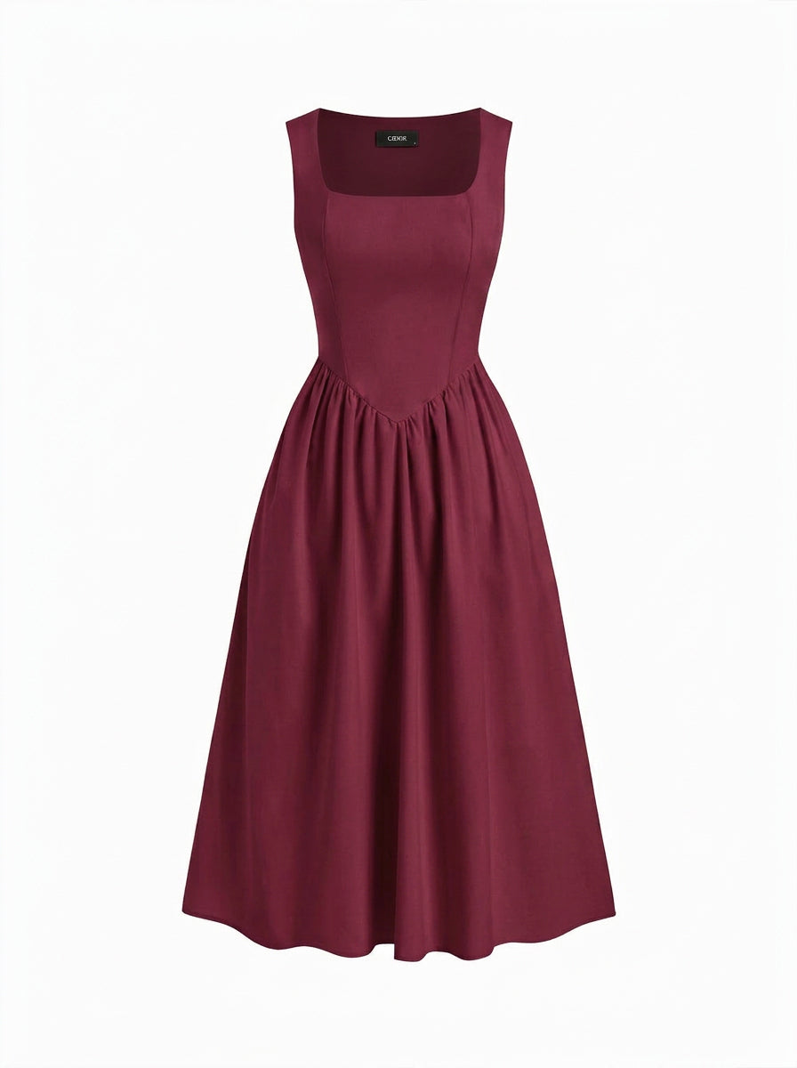 Vestido midi de mezcla de lino con cuello cuadrado y volante