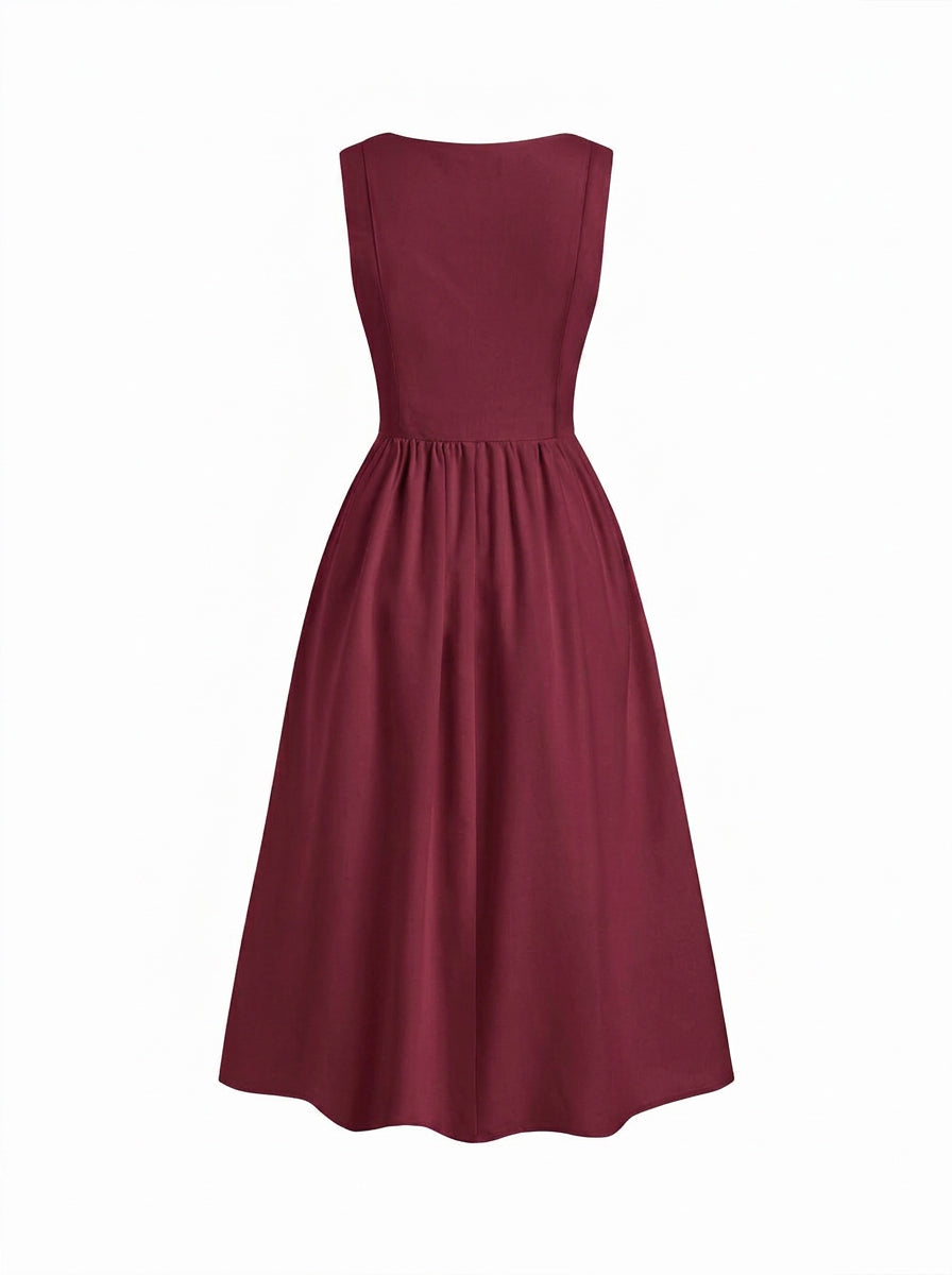 Vestido midi de mezcla de lino con cuello cuadrado y volante
