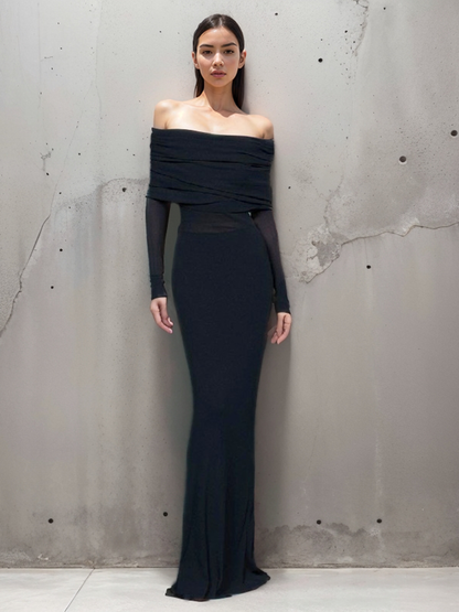 Yarı Şeffaf Omuz Açık File Uzun Kollu Uzun Elbise