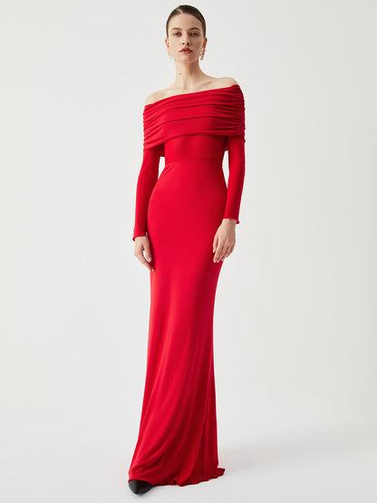 Yarı Şeffaf Omuz Açık File Uzun Kollu Uzun Elbise