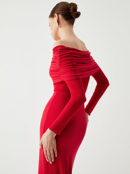 Yarı Şeffaf Omuz Açık File Uzun Kollu Uzun Elbise