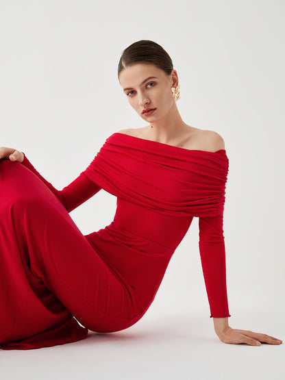 Yarı Şeffaf Omuz Açık File Uzun Kollu Uzun Elbise