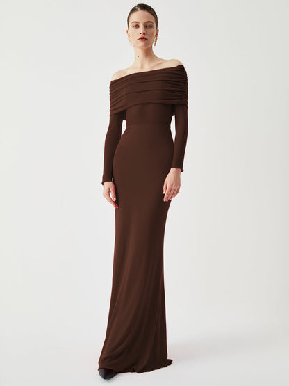 Yarı Şeffaf Omuz Açık File Uzun Kollu Uzun Elbise